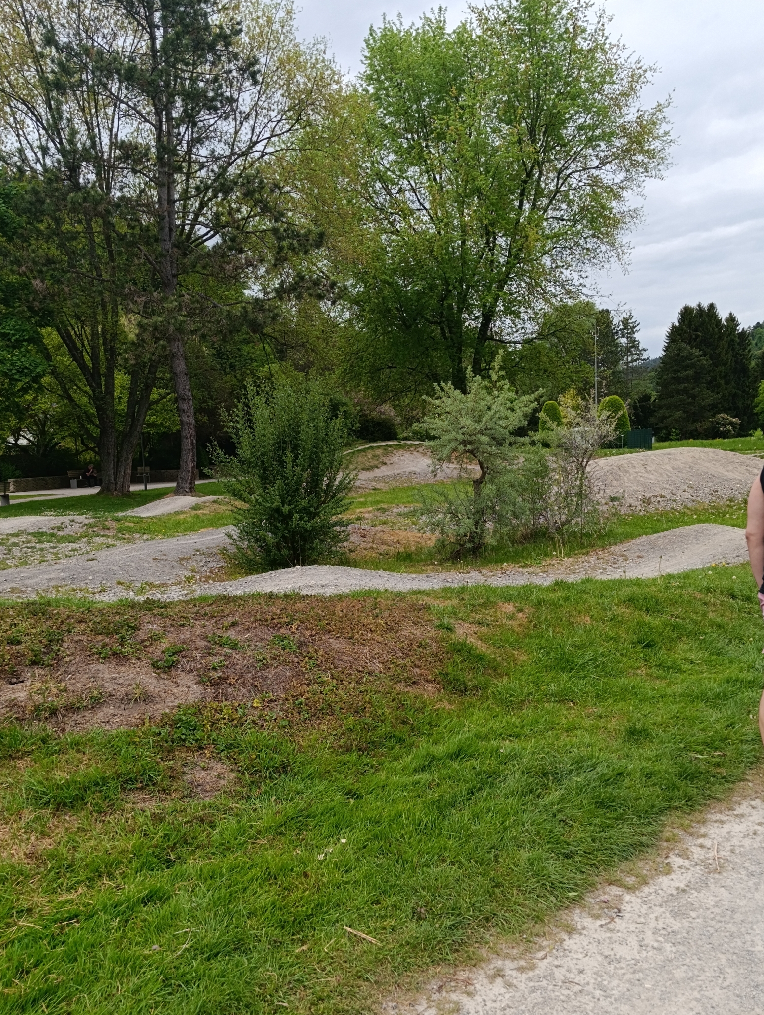 The image depicts a park setting in Unknown, Unknown, with a mix of gravel paths, grassy areas, and trees. Several trees of varying sizes and types are scattered throughout the scene. A few shrubs are situated along the gravel path, with some sandy mounds in the background. In the distance, some structures, possibly buildings, can be seen. A glimpse of a person is visible on the right edge of the frame.
