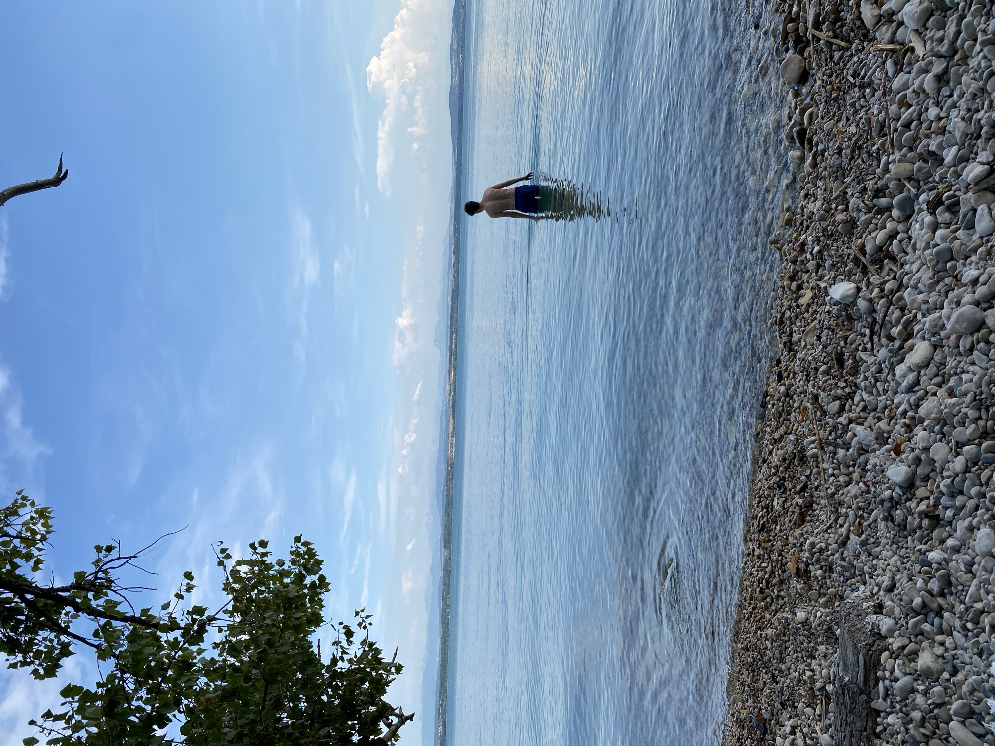A young male wearing blue swim trunks is standing in clear, shallow water on the rocky shore of Lake Neuchâtel in Cortaillod, Switzerland. The man is facing away from the camera, looking out at the lake. The water is calm with gentle ripples, and the lake extends to the horizon where distant mountains are visible under a partly cloudy blue sky. The foreground is a beach covered in smooth, grey pebbles and a few pieces of driftwood. Lush green tree branches hang from the top left of the frame.