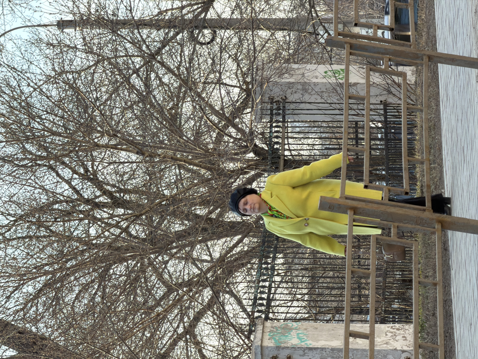 A woman wearing a yellow coat and black beret stands next to a metal fence in what appears to be an urban outdoor environment. Behind the fence and to the left of the woman is a large bare tree with many branches. The background includes other trees and a structure of some kind. The location is Izhevsk, Russia.