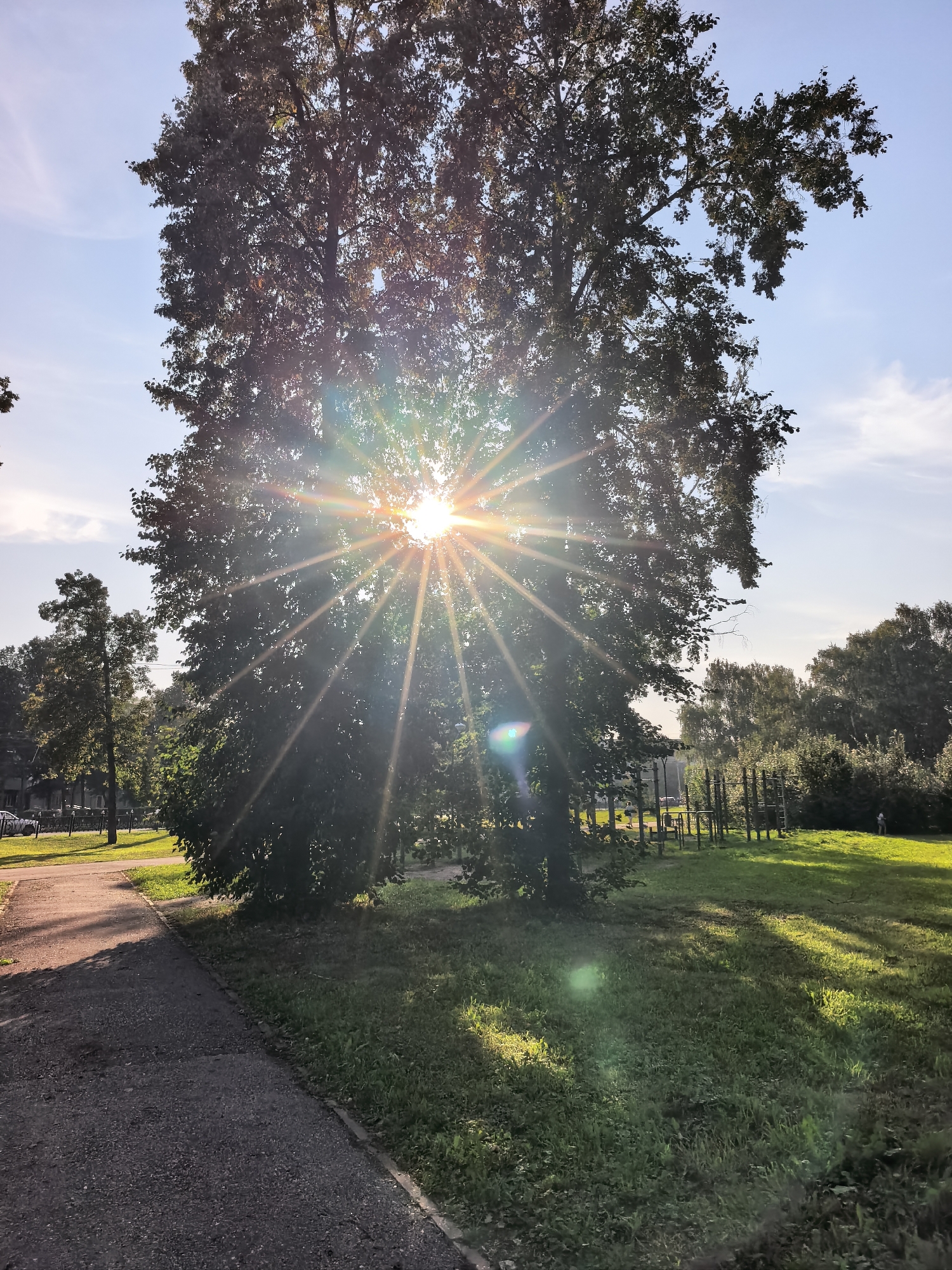The image depicts a sunny day in a park-like setting, likely in Sterlitamak, Russia, given the context. A large, leafy tree dominates the center of the frame, with the sun shining brightly through its branches, creating a prominent sunburst effect and lens flares. To the left, a paved path runs diagonally across the image, bordered by green grass. In the background, a playground structure is visible, with a few people in the distance. The sky is blue with scattered clouds. The overall impression is of a serene outdoor environment bathed in warm sunlight.
