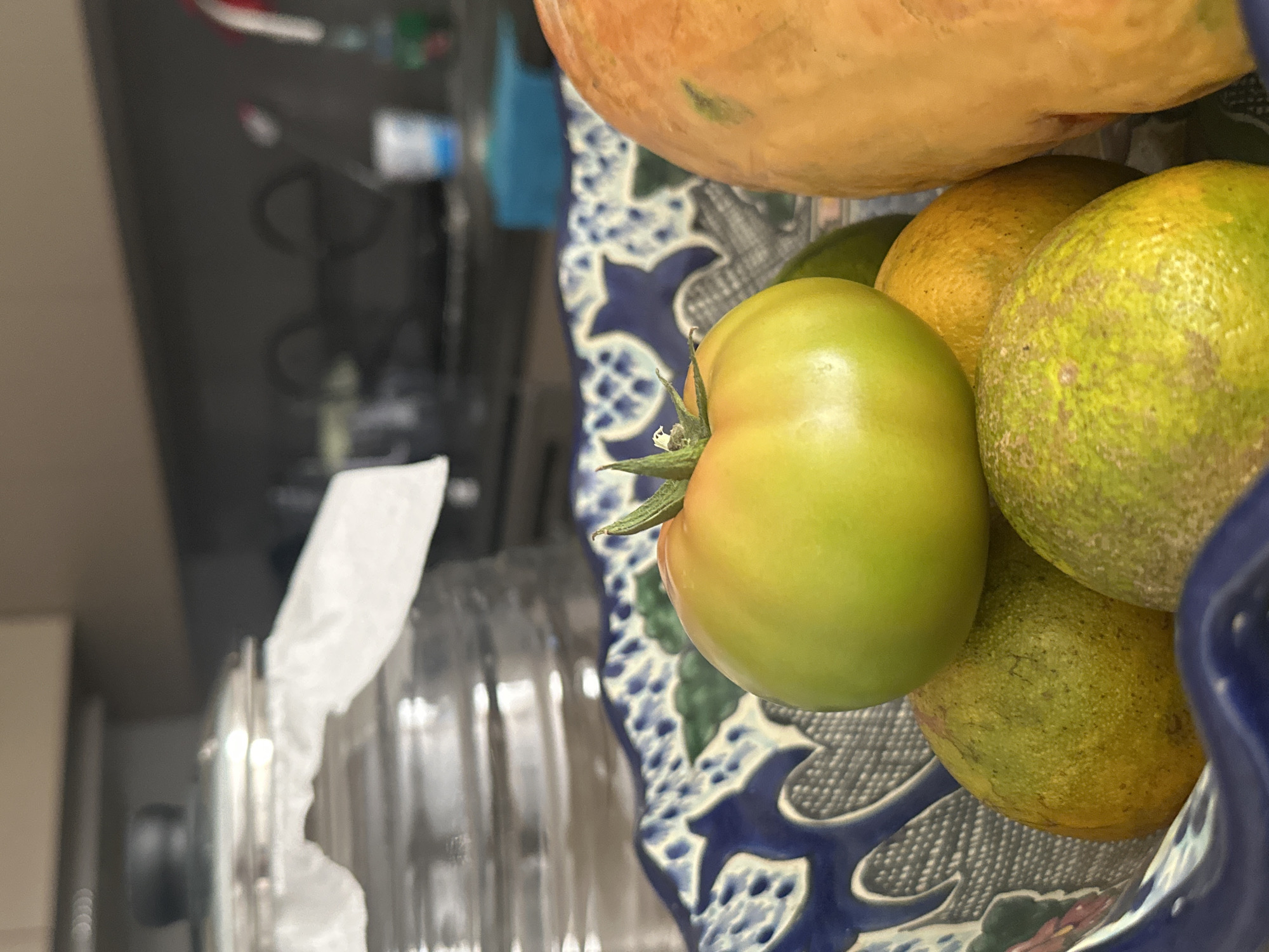 A close-up shot focuses on a blue and white patterned bowl filled with various fruits. In the center, a large, unripe tomato with a green-yellow hue sits prominently. Below it are several oranges, some showing a mottled green and yellow skin. To the right, the large, curved side of an orange papaya is visible. In the background, a large glass jar with a metallic lid covered by a white cloth is partially visible, along with kitchen counter and cabinetry. The scene is set in a kitchen in San Bernardino Tlaxcalancingo, Mexico.