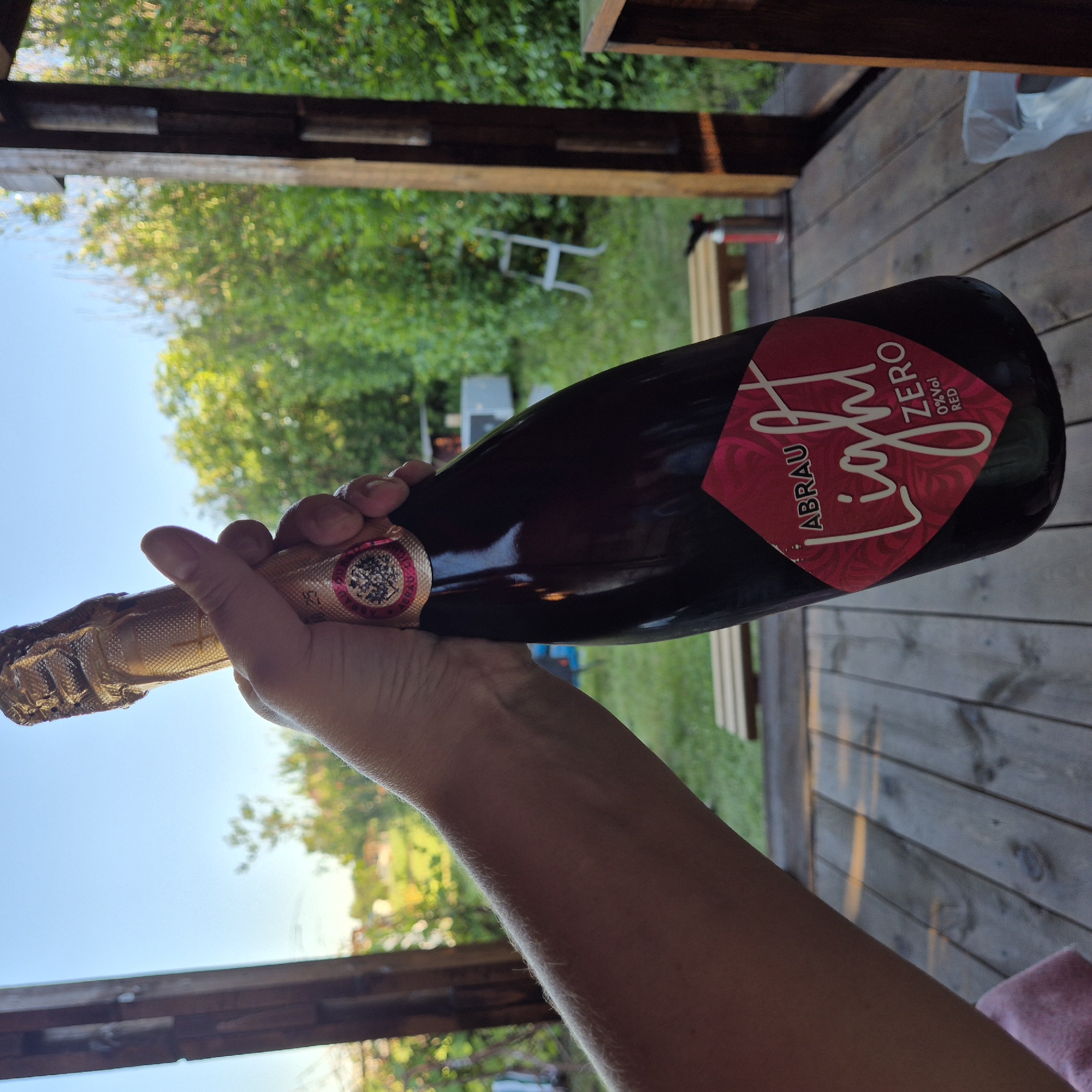 A close-up, eye-level shot shows a person's hand holding a dark glass bottle of "Abrau Light Zero 0% Vol Red" sparkling wine. The bottle has a gold foil cap and a red diamond-shaped label with white lettering. The hand is positioned on the right side of the frame, and the arm extends into the lower left. The background is blurred, depicting a sunlit outdoor scene with green foliage, wooden planks of a deck or porch, and a bright blue sky. A wooden bench and a white chair are visible in the background, along with what appears to be a small trailer or recreational vehicle. The image appears to have been taken during the daytime, possibly in the late afternoon due to the quality of the light. The location is identified as Novo-stroyka, Russia.