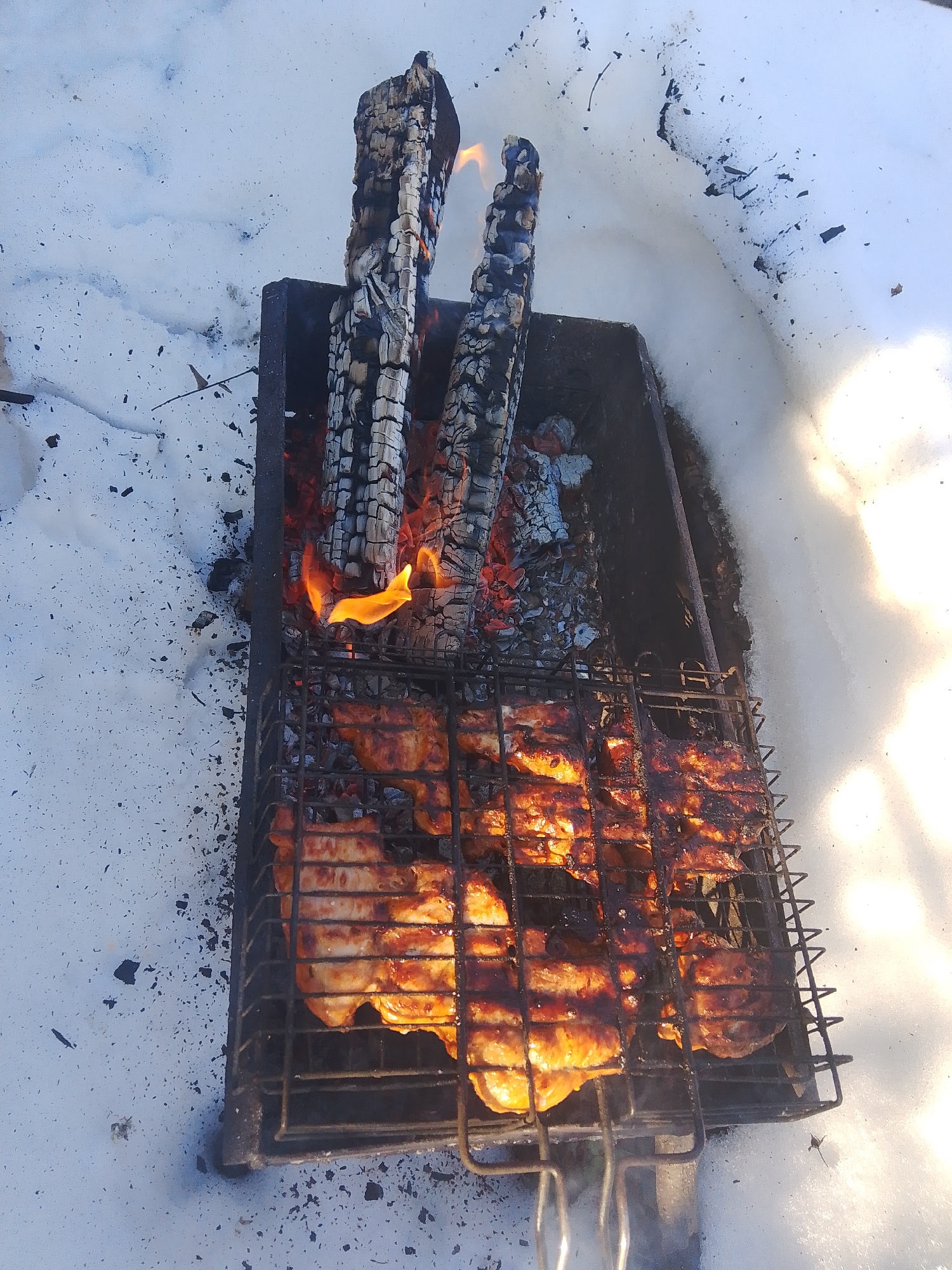 An overhead view captures a dark metal brazier containing burning wood and glowing embers, partially embedded in white snow. Flames are visible among two large, charred log remnants standing upright within the brazier. A metal grilling grate, held by dark metal handles, is positioned horizontally over the heat source. The grate holds approximately ten pieces of reddish-brown meat, appearing to be chicken or pork, displaying varying degrees of charring. The snow surrounding the brazier is melted directly adjacent to the heat and is speckled with dark ash and small charcoal fragments. The scene is situated in the city of Фоки, Russia. No individuals are visible.