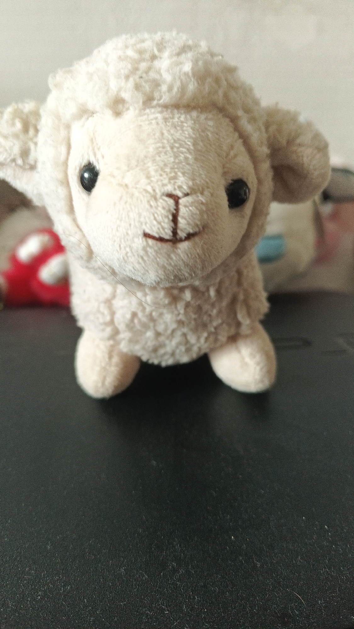 A close-up photograph shows a stuffed sheep toy on a black surface. The toy is facing the viewer and is primarily beige in color. It has a textured, curly "wool" covering its body and head. The sheep has small black eyes and a brown "T" shaped nose.
Other objects are partially visible in the background, out of focus, including red, white, and light blue items. The black surface appears to be a table or countertop. The location is not identifiable from the image.