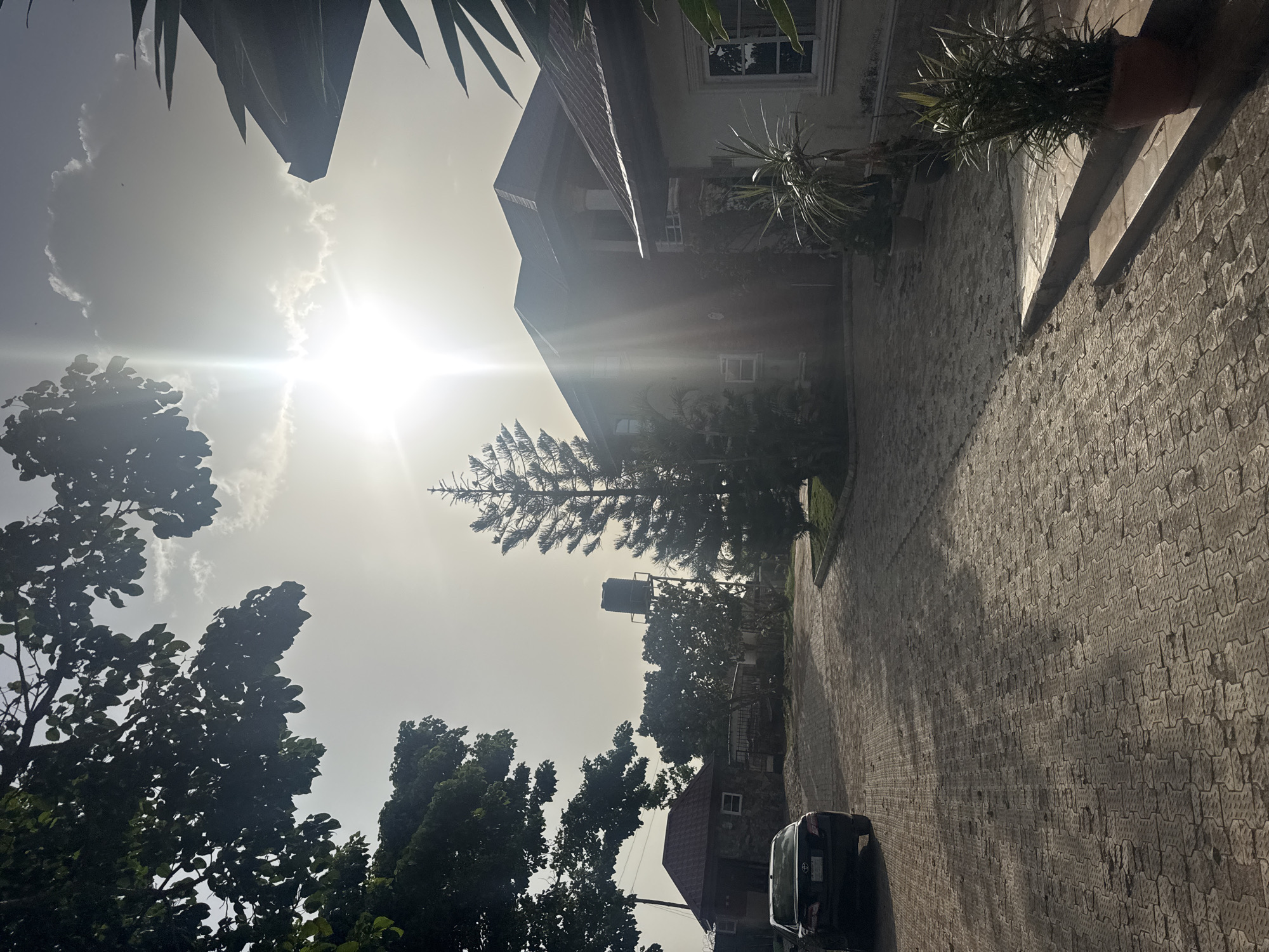 The image shows an outdoor scene in Jos, Nigeria. The view is from ground level, tilted, showing a residential area on a sunny day. Bright sunlight obscures details in the sky and on structures.
A two-story building with a gable roof is visible, along with potted plants at an entrance. Trees line a patterned stone driveway. A black car is parked along the edge of the driveway. A water tank is located behind some of the trees. The environment suggests a residential area with vegetation. No people are visible in the image.