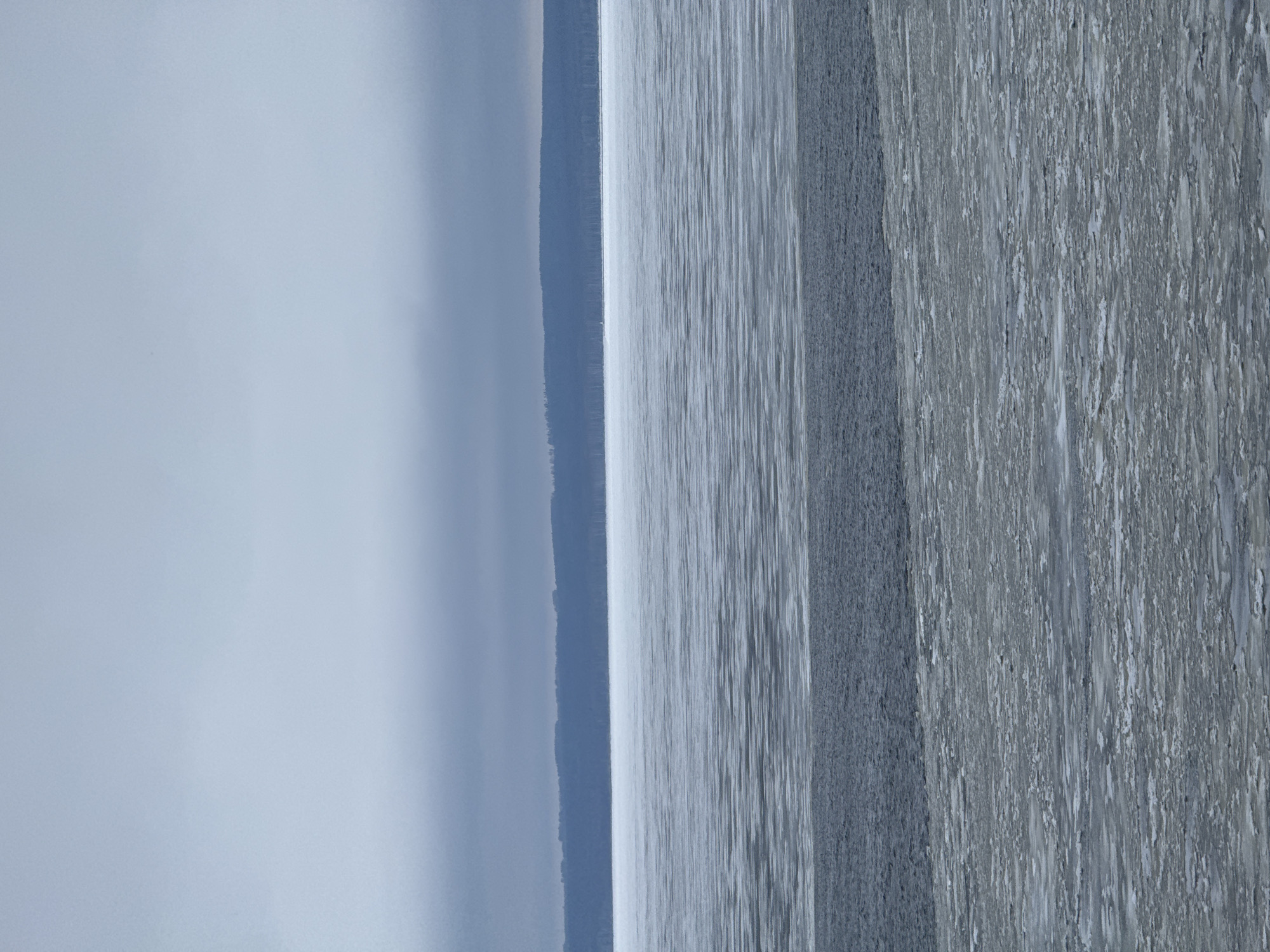 The image shows a landscape, likely near water. On the left, there is a hazy, light-colored sky or fog. A dark, slender strip of land, possibly trees on a distant shore, divides the sky from the water. The water's surface changes in texture, with a smoother area in the middle and a rougher, more textured section to the right. The overall palette is muted blues and grays. Given the indication that it is in Noviy, Russia, it might be a frozen body of water near a forest in winter.
