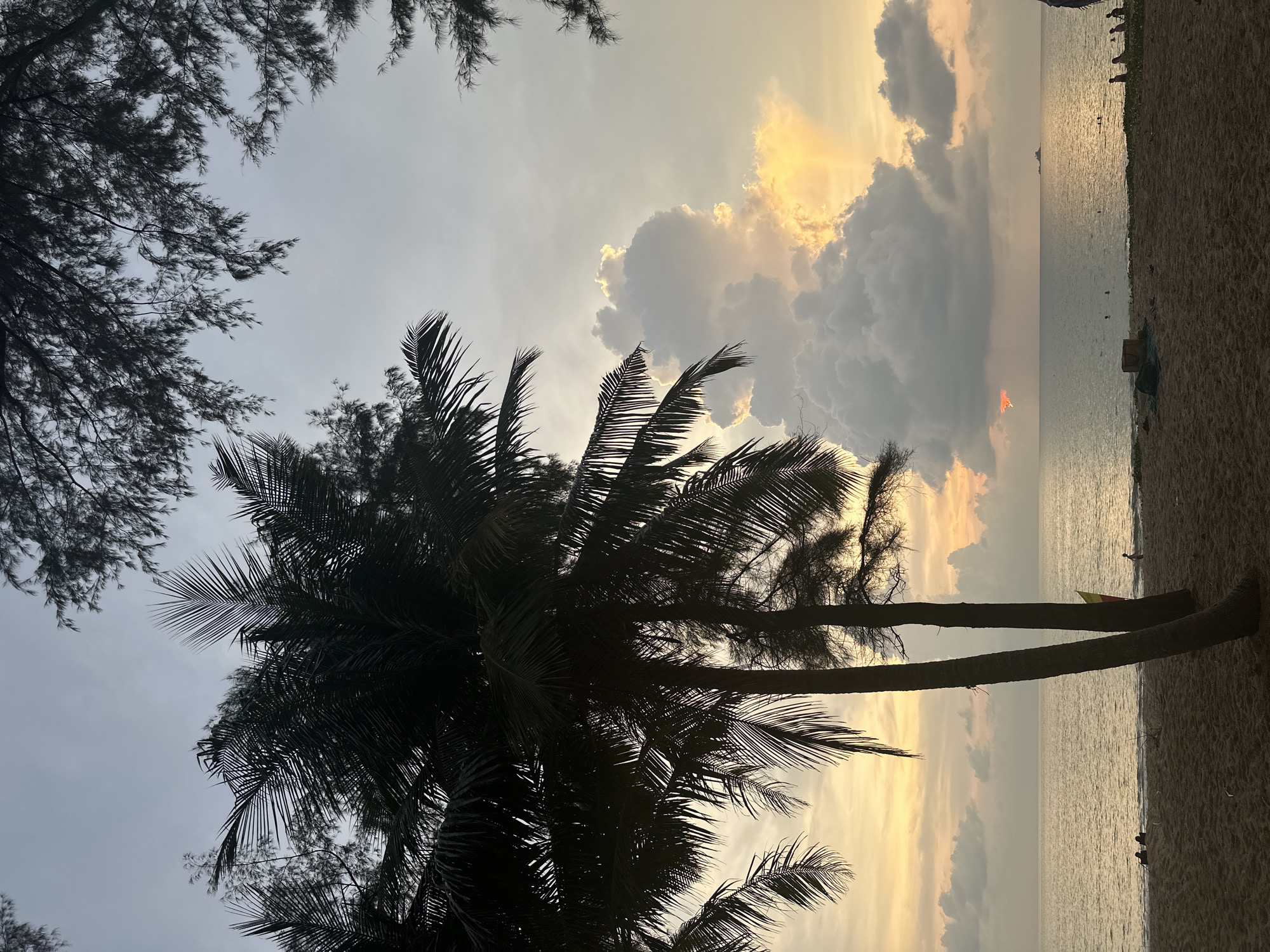 This photograph depicts a beach scene at sunset in Choeng Thale, Thailand. Silhouetted palm trees dominate the foreground, framing the view. The sky features dramatic cloud formations illuminated by the setting sun. The ocean horizon is visible, with subtle reflections of the sunlight on the water. The beach stretches along the right edge of the frame, with indistinct figures appearing to walk along the shoreline. A boat and a small red flag are also visible in the water. The composition emphasizes the tropical environment and the contrast between light and shadow.