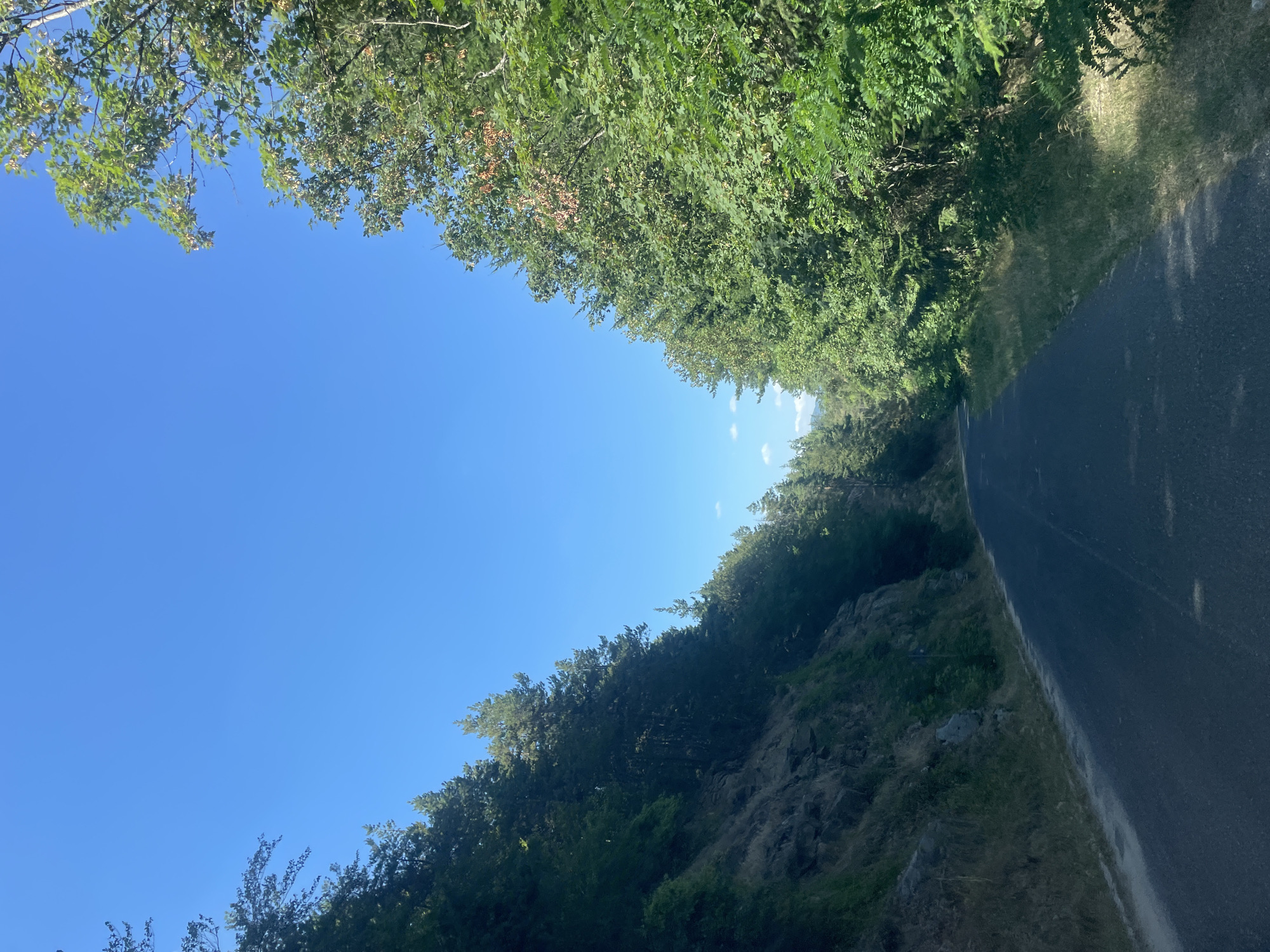 The image depicts an asphalt road winding through a dense forest with a steep, rocky embankment on the left and a thick line of trees on the right. The sky is a clear, bright blue with a few small, wispy clouds visible in the distance. The road appears to be a rural or mountain road, likely in a natural setting. The location is identified as being in Krastatitsa, Bulgaria.
