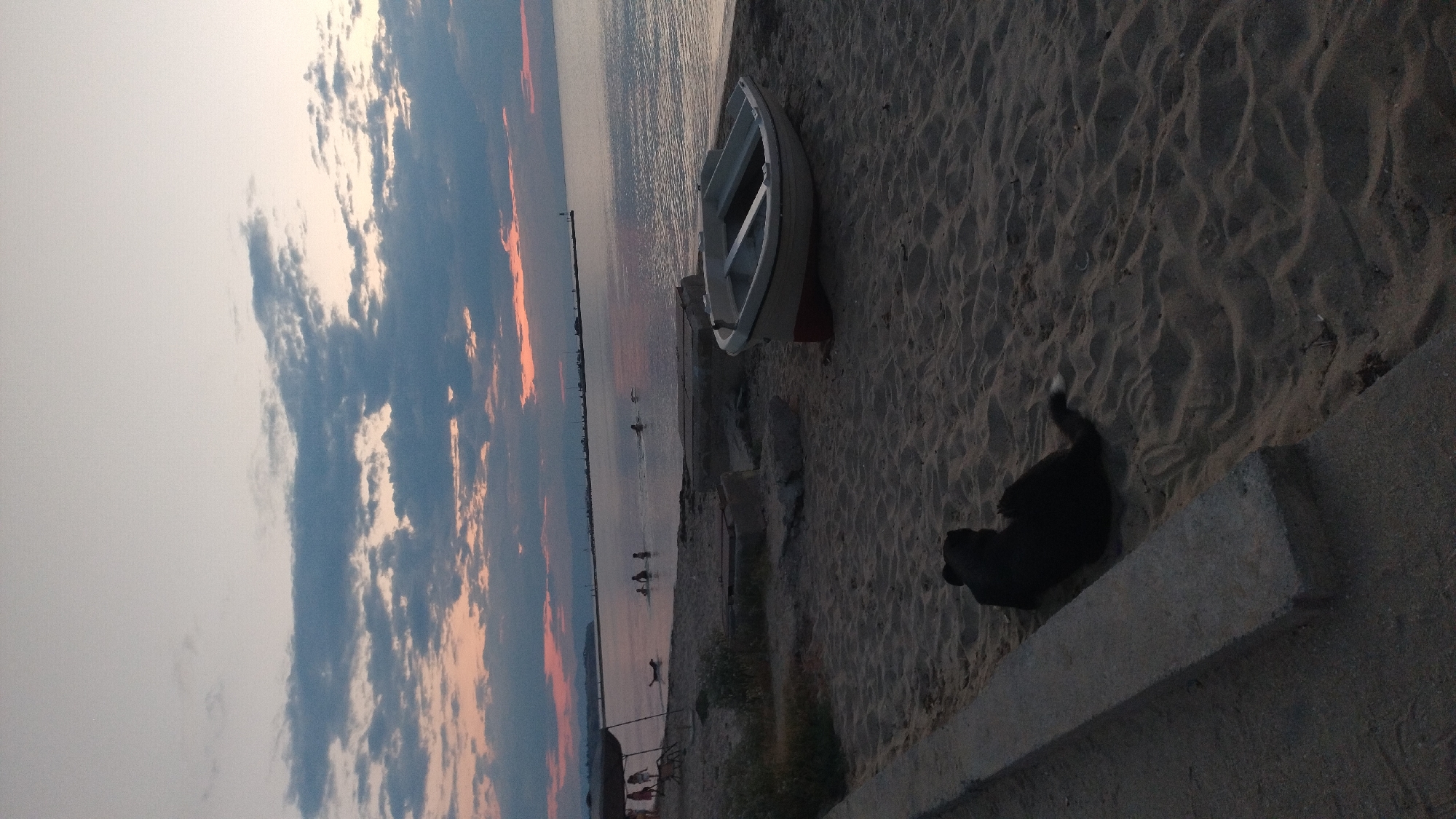 In Neoi Epivates, Greece, at dusk, a sandy beach is depicted. In the foreground, a black dog lies on the sand, facing away from the camera. A concrete barrier runs along the left side of the sand. Further back, a white rowboat rests on the sand near the water's edge, its hull painted red on the lower portion. In the shallow water, several people, including children, are visible playing and swimming. To the left, a shaded area with a canopy and some chairs suggests a resting spot. The sea stretches to the horizon, where a distant pier with structures is visible. The sky above is filled with scattered clouds, tinged with the colors of sunset.