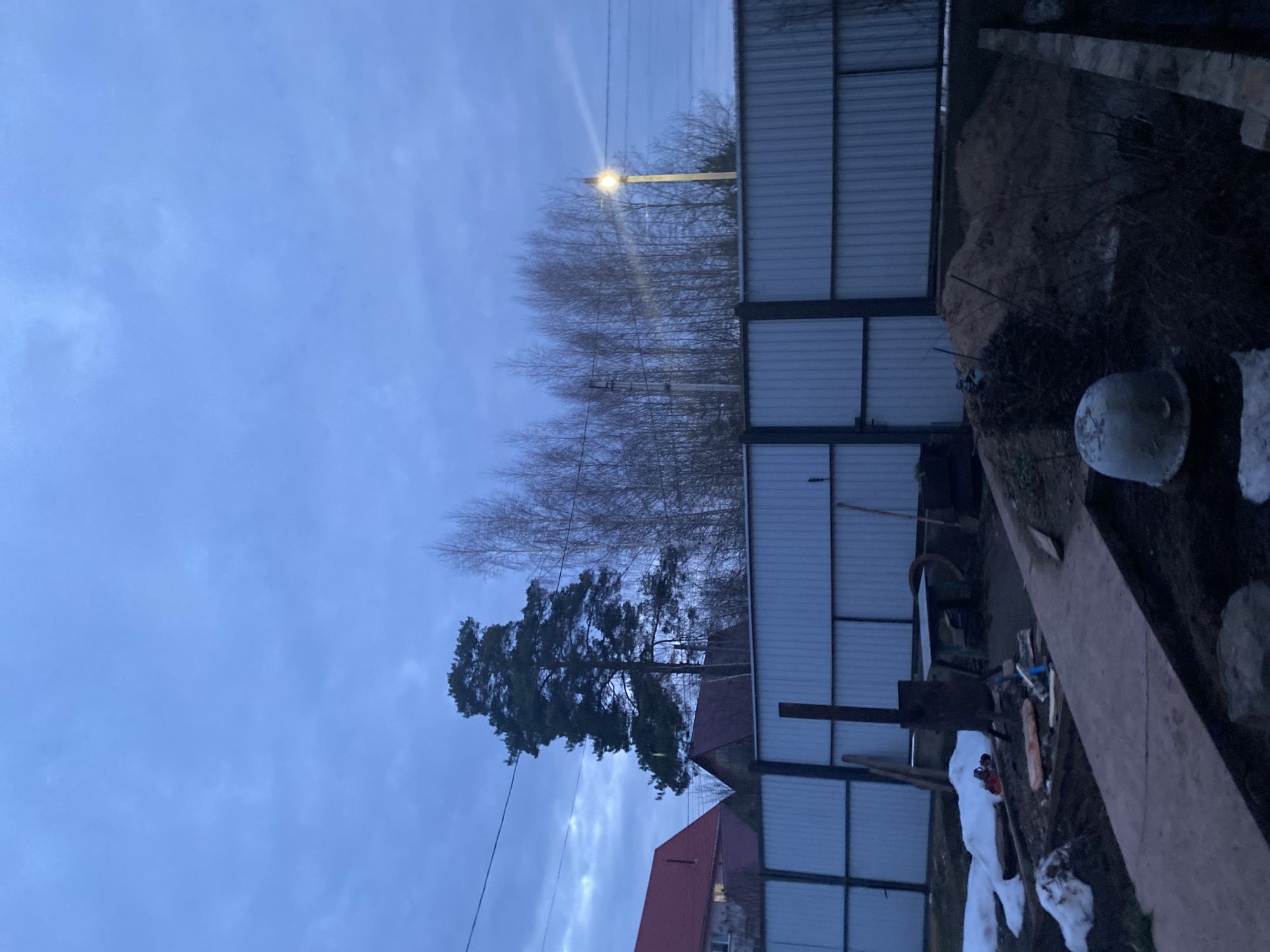 The image, possibly taken in Chaikovsky, Russia, shows a backyard scene under a twilight or early evening sky. A tall pine tree is visible against the bluish sky, partially obscuring a red-roofed building. Behind the tree and building, a metal fence stretches across the middle ground of the frame. Beyond the fence, a row of bare deciduous trees stands beneath a street light. The foreground contains a collection of miscellaneous objects, including a pile of dirt, a white sphere, some tools, pieces of wood, and patches of snow. The lighting suggests a time shortly before or after sunset. There are no visible people or actions occurring in the frame.