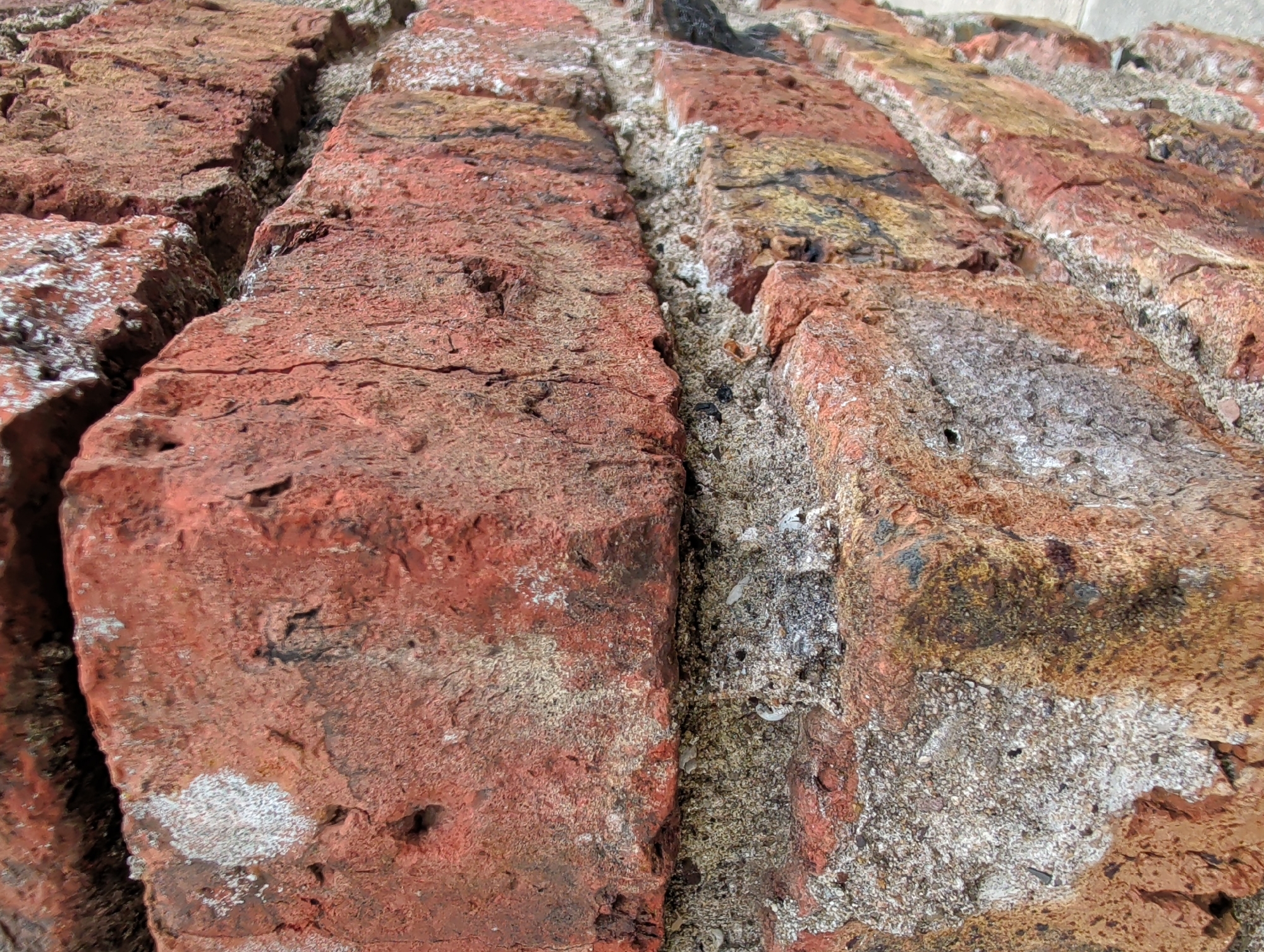 The image shows a close-up view of an aged brick wall, with a focus on the texture and imperfections of the materials. The bricks are predominantly a reddish-brown hue, with variations in color and texture suggesting wear and weathering. Some bricks exhibit patches of white or light grey, possibly mineral deposits or remnants of mortar. The mortar itself appears to be a coarse, grayish mixture, with visible aggregate and signs of erosion or degradation. The overall impression is one of a weathered, possibly historic structure. The location of this specific brick wall within the city of Waterford, Ireland, cannot be determined from the image alone.