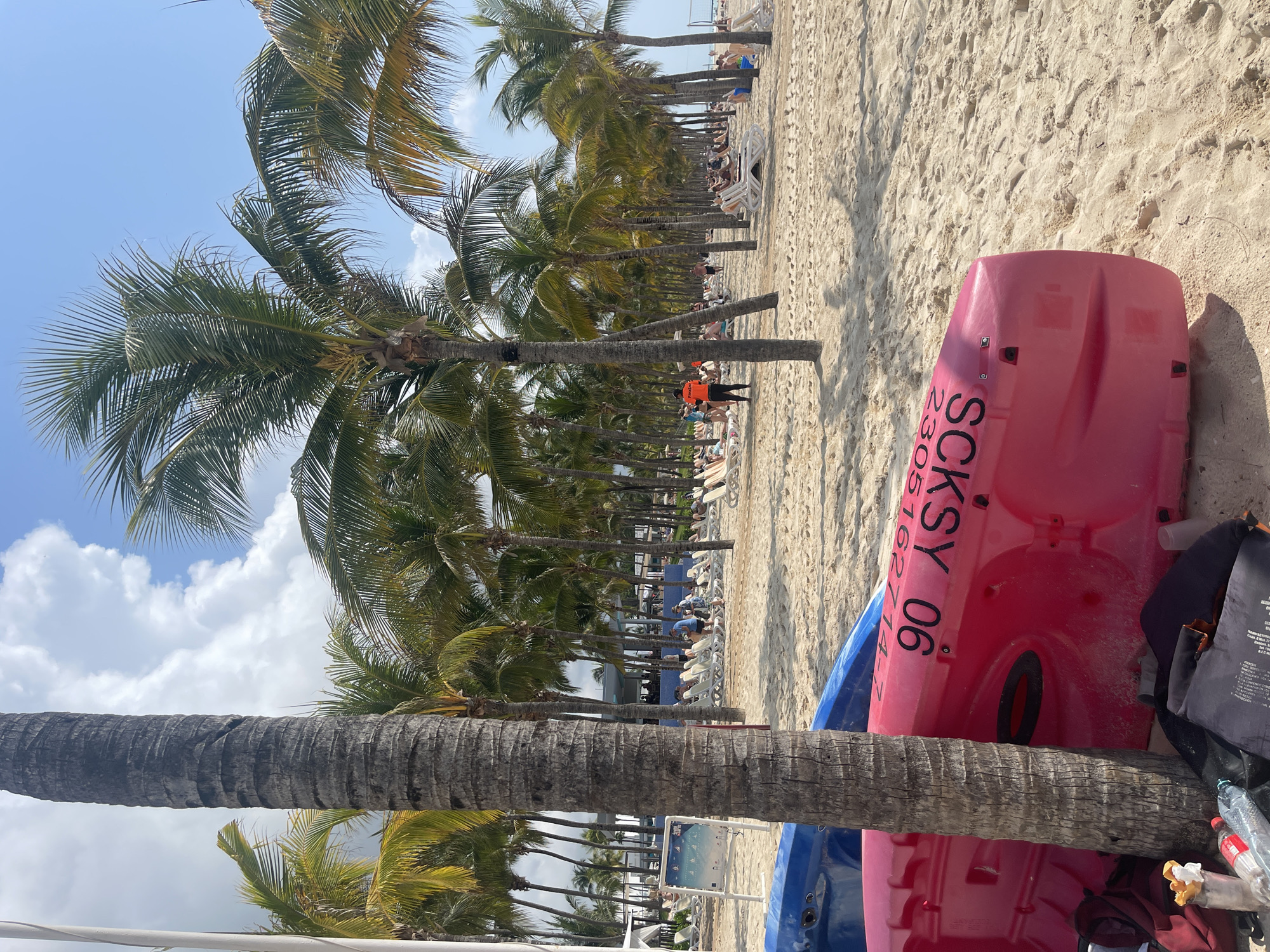 The image shows a beach scene in Playa del Carmen, Mexico. The foreground contains a pink kayak with the letters "SCKSY 06" in white, leaning against a palm tree trunk. Behind it is a blue kayak. The sandy beach stretches out towards the background, with rows of palm trees lining the beach and providing shade for sunbathers on beach chairs. People are visible relaxing on the chairs, and at least one person is walking along the beach. The sky is partly cloudy.
