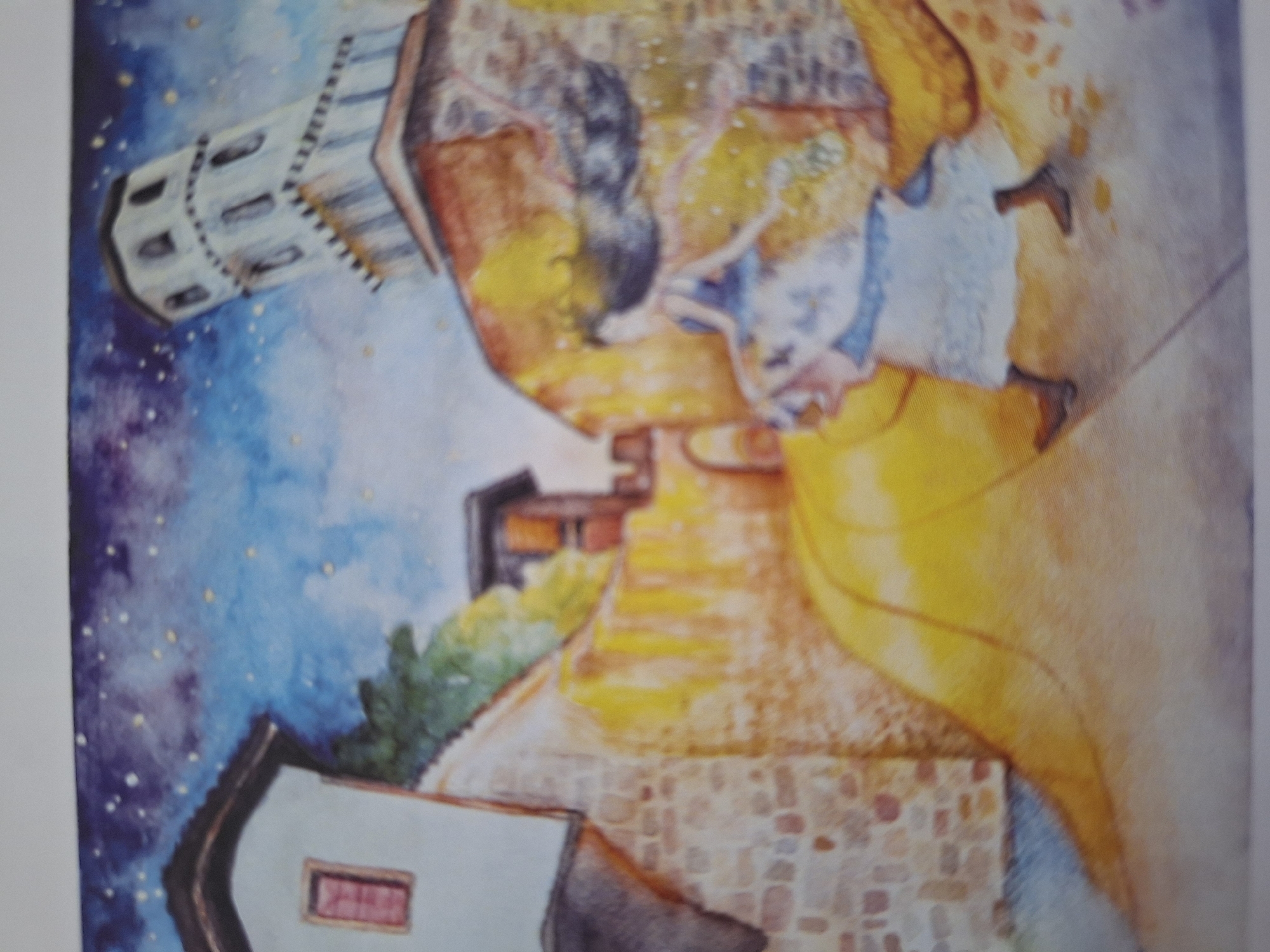 The image depicts a watercolor painting of a nighttime scene in Varna, Bulgaria, likely inspired by the area around the Varna Clock Tower. In the foreground, a young person, possibly female, is depicted in a light blue and white dress, with dark hair. They appear to be walking away from the viewer and toward the right side of the painting. Their feet are clad in brown boots. The ground is a bright yellow, suggesting illumination from an unseen source or the moon. Behind this figure, an abstract representation of buildings and a prominent tower with arched windows and a dark spire rises into a deep blue sky filled with scattered yellow stars. The architecture, particularly the tower, is indicative of historical structures found in European cities. The style of the painting is impressionistic, with soft edges and vibrant colors.
