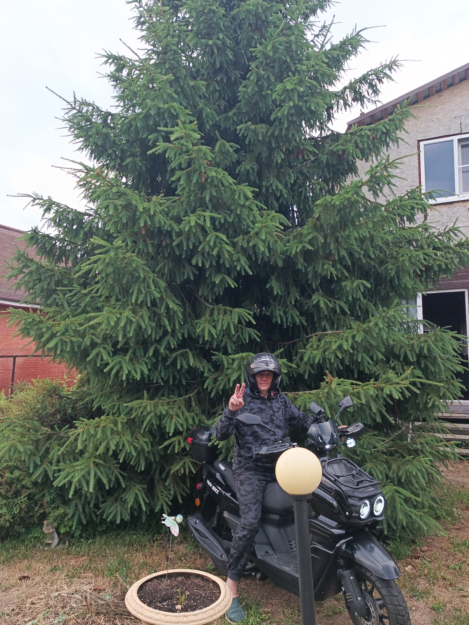 A person wearing a camouflage outfit and a helmet sits on a black scooter parked in front of a large evergreen tree. The person is making a peace sign with their left hand. To the left of the scooter, there is a potted plant with a decorative butterfly stake. In the background, a building with a window and a dark roof is visible. The scene appears to be outdoors, possibly in a residential area in the city of Novoye, Russia, given the presence of a house and a tree. The ground is covered with grass and dry leaves.