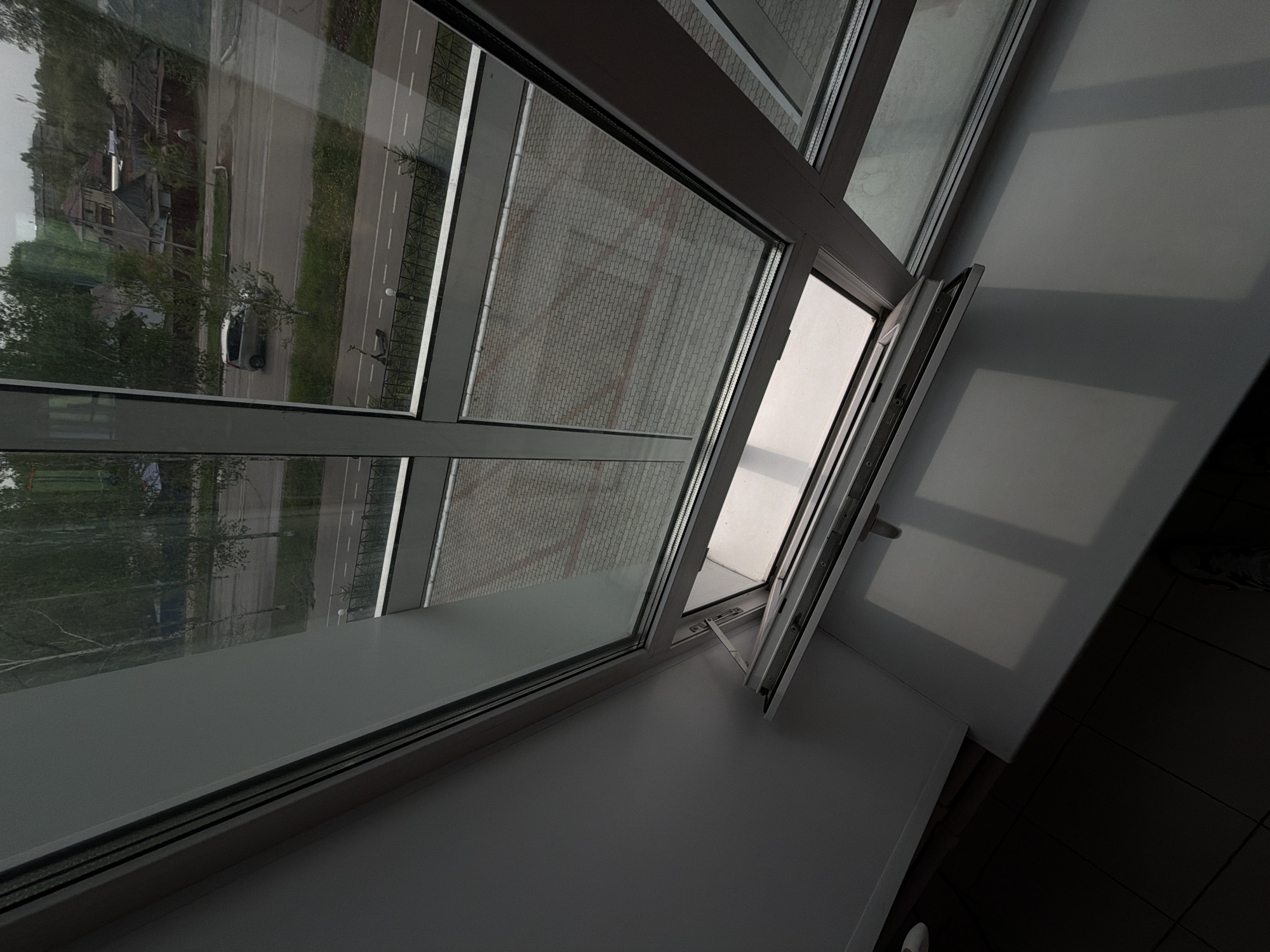 View from a window in Birobidzhan, Russia. The window is partially open, with a view of a street, trees, buildings, and a car. The interior wall near the window is white, and the floor near the window is tiled in dark gray.