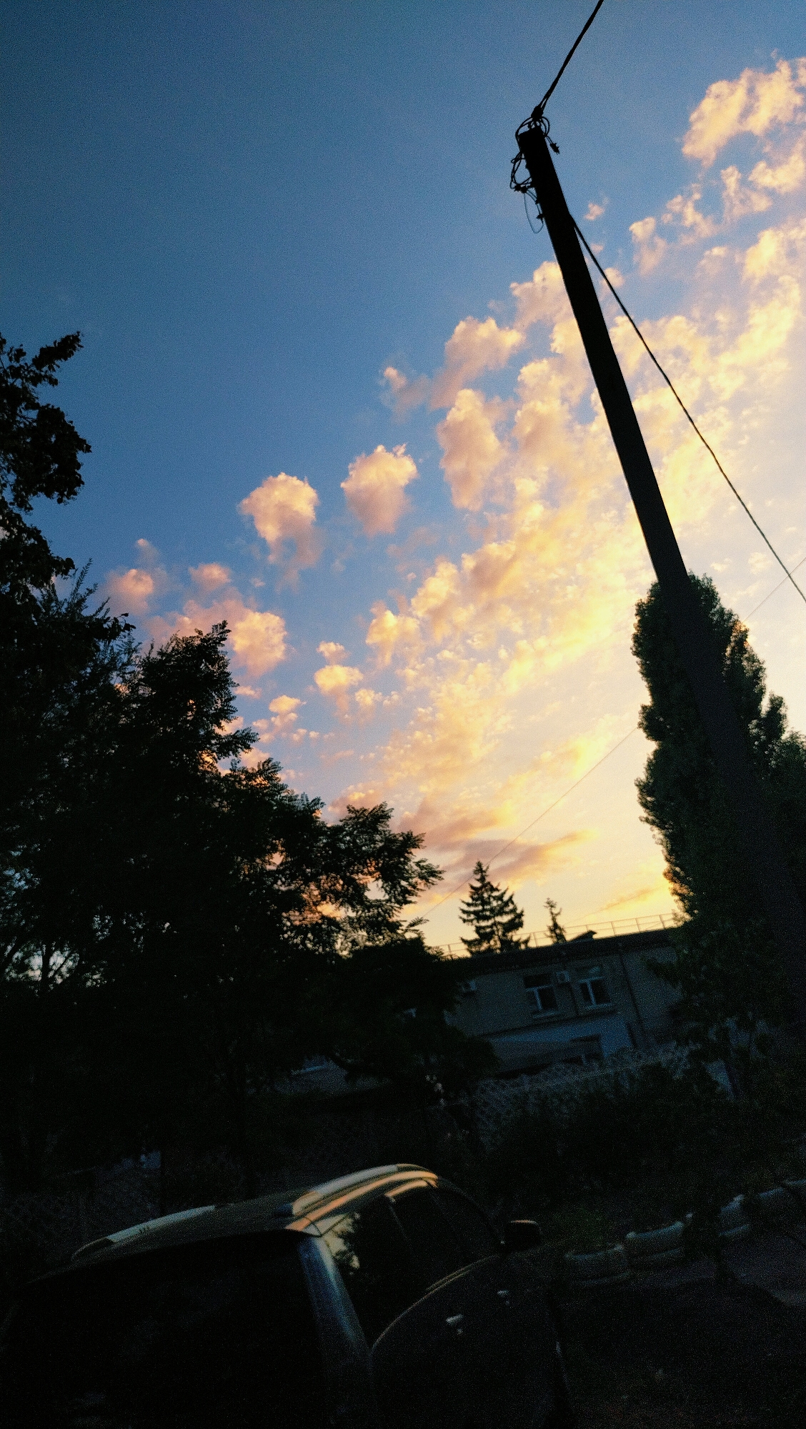 The image depicts an outdoor scene in Horishni Plavni, Ukraine, at dusk. The sky is a gradient of blue with scattered, fluffy clouds tinged with orange and yellow from the setting sun. A tall, dark silhouette of a utility pole with wires stretches diagonally across the upper right portion of the frame. In the foreground, the dark silhouette of a car is visible. Behind the car, dense, dark foliage and trees obscure the lower portion of the scene. Further back, a low-rise building with windows is visible, partially obscured by trees and bushes. Two evergreen trees stand between the building and the foreground foliage. The overall impression is a quiet, residential area at the end of the day, with natural elements like trees and the sky dominating the composition.
