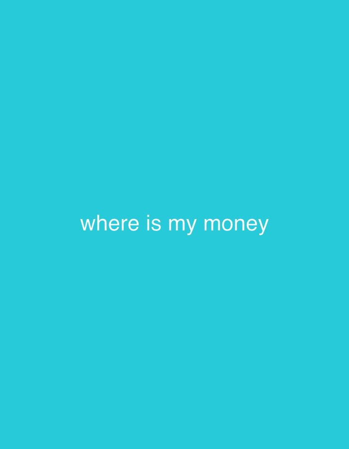 The image displays a solid, monochromatic teal background. Centered horizontally and vertically on this background is the phrase "where is my money" rendered in plain, white, sans-serif lowercase letters. No other visual elements, such as people, specific objects beyond the text, actions, or interactions, are present. The environment is undefined; there are no discernible features, landmarks, or contextual information to suggest a physical location, including any specific area within the city of Sofia, Bulgaria.