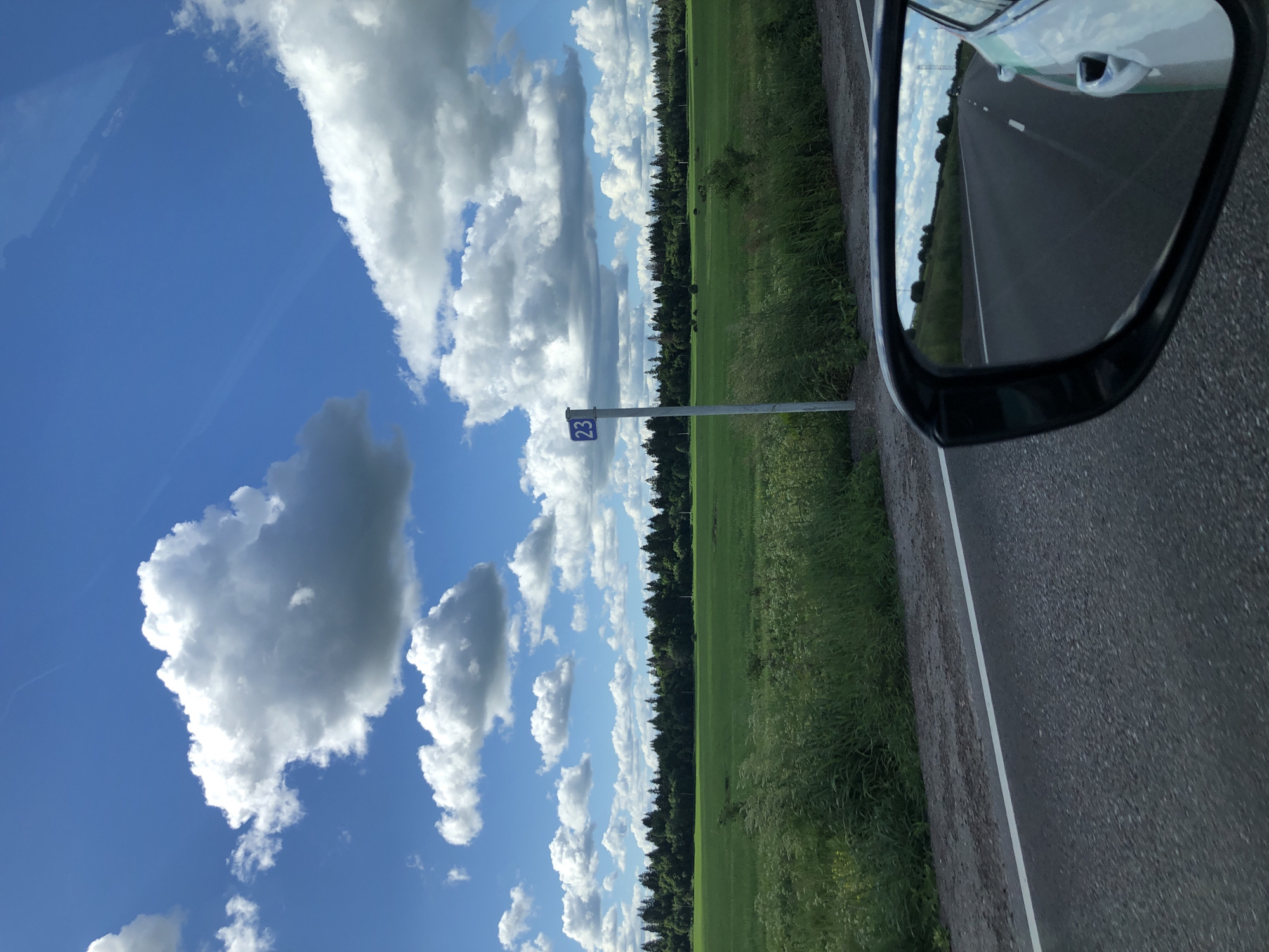 The image depicts a rural roadside scene with a vast green field stretching towards a dense forest line under a blue sky filled with fluffy white clouds. A road runs along the bottom of the frame, with the reflection of the sky and landscape visible in the side mirror of a car. A blue sign with the number "23" is planted on a pole next to the road. The car appears to be moving, as indicated by the reflection in the mirror. The environment suggests a summer day in a natural setting, possibly in the city of Krasnyi Bor, Russia, given the prevalence of forests and open fields. There are no people visible in the image.