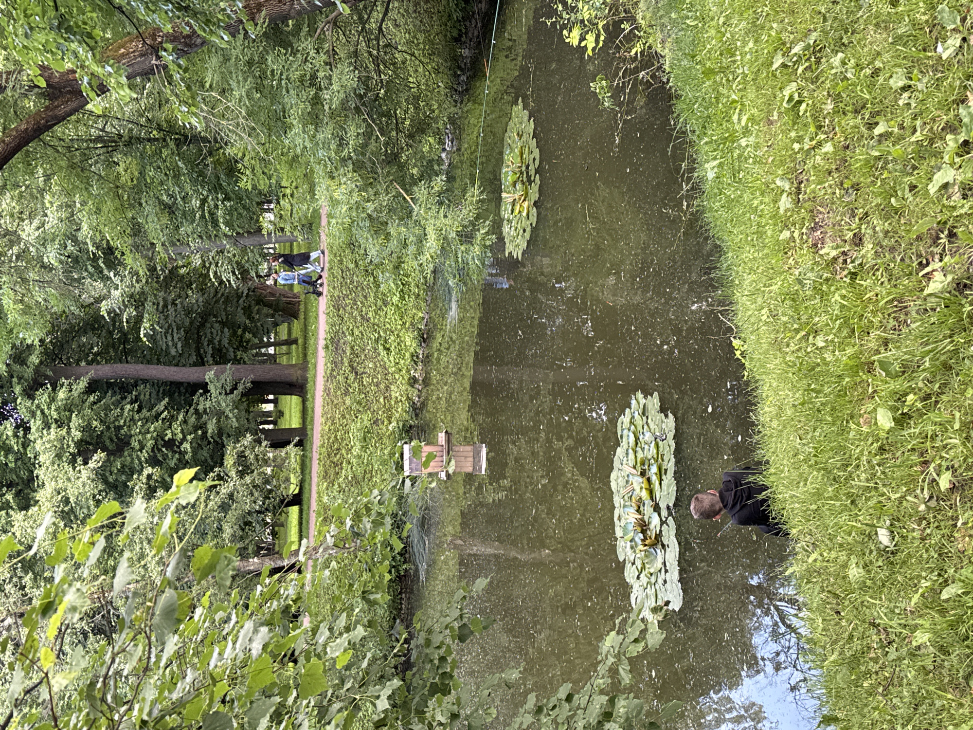 The image depicts a serene park scene in Saint Petersburg, Russia. A dark, still pond occupies the foreground, with lily pads floating on its surface. A young person in a black hoodie is seated on the grassy bank, facing away from the camera and towards the pond, appearing to be fishing. In the mid-ground, a wooden structure, possibly a birdhouse or feeding station, floats in the water. Across the pond, a paved path winds through a verdant landscape of trees and manicured bushes. Two individuals are seen walking along the path, one pushing a stroller. The overall atmosphere is peaceful and tranquil, characteristic of a summer day in a Russian park.