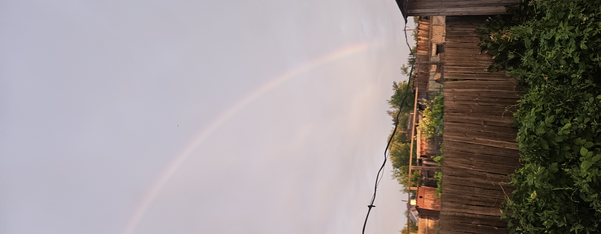 The image depicts a pastoral scene with a rainbow arcing across a pale sky. In the foreground, a wooden fence separates lush green vegetation from a collection of rustic structures, including a small outhouse. A wire stretches horizontally across the frame, with two small dark objects that appear to be birds perched on it. The overall impression is one of a rural setting, possibly a backyard or dacha in the city of Semey, Kazakhstan. The lighting suggests it might be late afternoon or early evening, given the soft illumination and the colors of the sky. There are no people visible in the image.