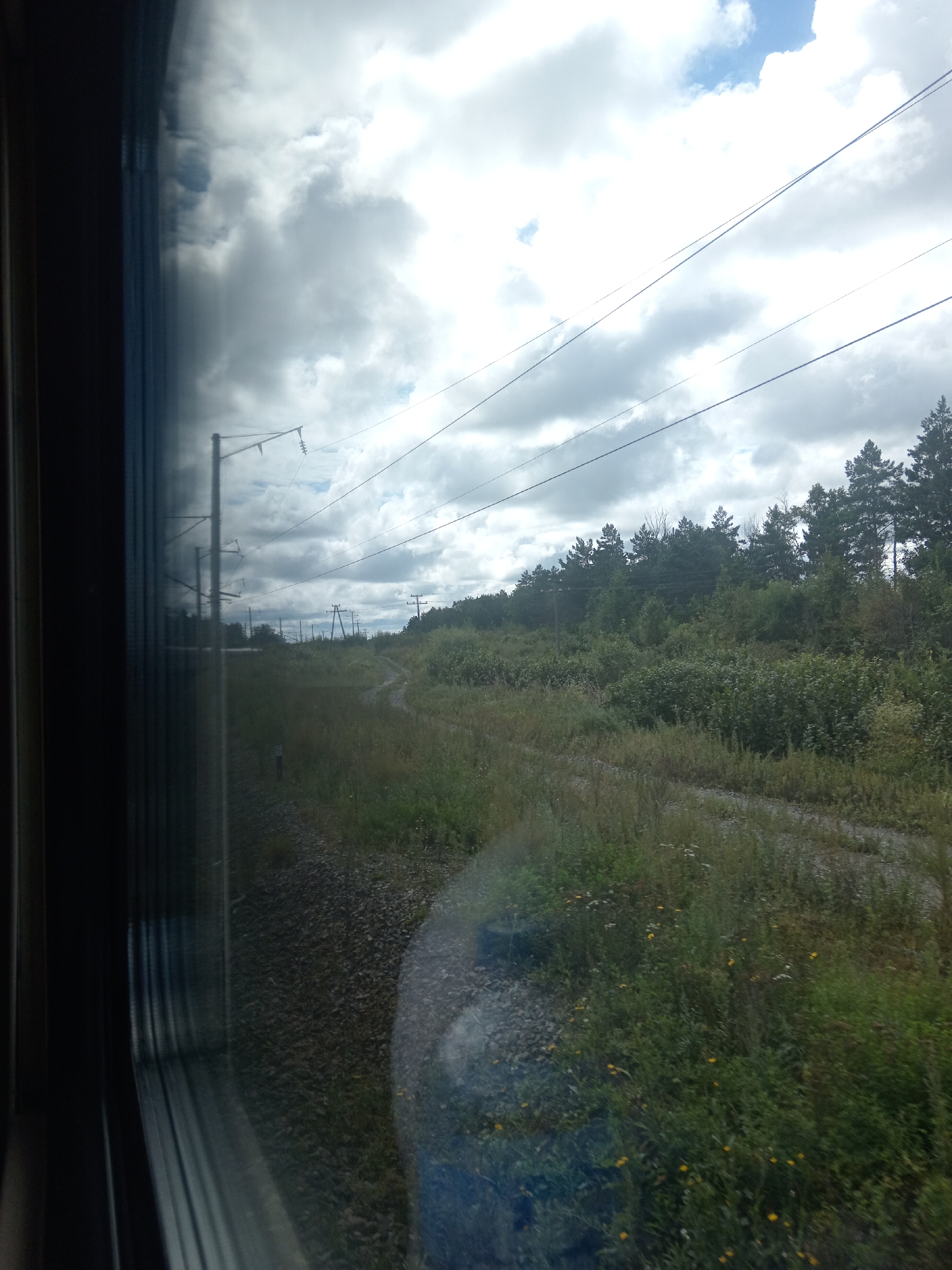 The image shows a view from a train window, looking out at a rural landscape. The sky is filled with dramatic, grey clouds, interspersed with patches of blue. Power lines stretch across the sky. In the middle ground, there is a dense line of green trees, and beyond them, more trees and vegetation. A gravel path or road winds through the grassy terrain. In the foreground, the reflection in the window shows a dark interior, possibly the train carriage. The scene appears to be in a rural area outside of Yekaterinoslavka, Russia, given the presence of power lines, a train track, and the type of vegetation common in the region.