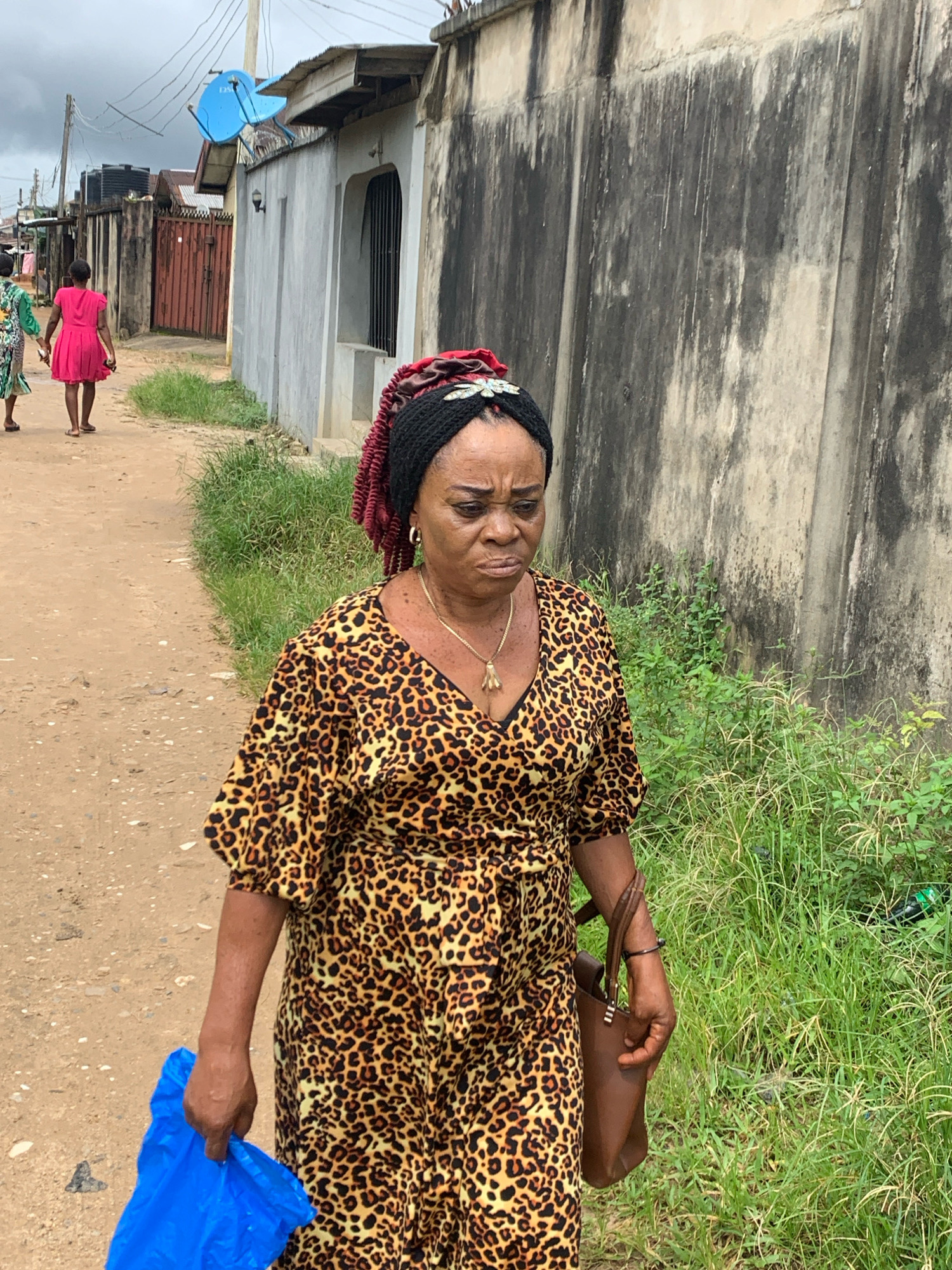 In Umuode, Nigeria, a woman wearing a leopard print dress walks down a dirt path next to a tall, weathered concrete wall. She has dark hair with red highlights, a gold necklace, and is carrying a brown handbag in her right hand and a bright blue plastic bag in her left. Two other women are visible further down the path, one in a pink dress and the other in a green and white patterned dress. The environment appears to be a residential area with houses and fences visible in the background, along with overhead power lines. The sky is overcast, suggesting a cloudy day.