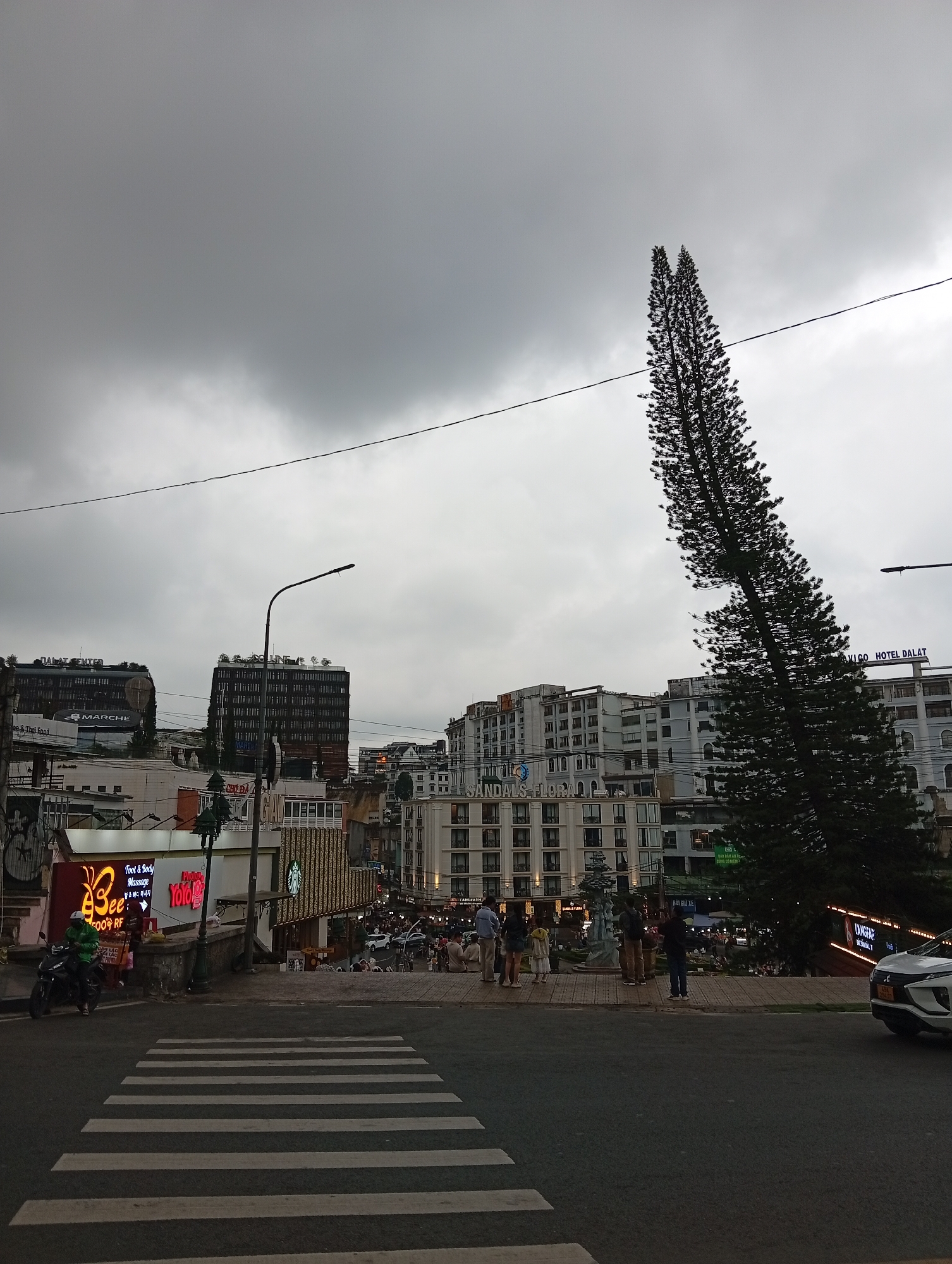 This is a medium-angle, eye-level shot of a street scene in Da Lat, Vietnam, on an overcast day. A pedestrian crosswalk is in the foreground. To the left of the crosswalk, a motorcycle is parked with a person in a green jacket on it. Next to the motorcycle is a neon sign that reads "Bee" and "Foot & Body Massage." Beyond the motorcycle and sign, there are several multi-story buildings with commercial establishments and signage.
Dominating the right side of the image is a tall, slender pine tree leaning dramatically to the right, its dark green needles silhouetted against the cloudy sky. Behind the tree and to its right, more buildings are visible, including one with a sign that reads "AMIGO HOTEL DALAT."
In the middle ground, a group of people are gathered on a slightly elevated area, with some standing and others walking. Further back, more buildings are seen, some with lit windows. Cars are also visible on the street and in parking areas. The overall atmosphere is that of a busy urban environment under a gray, cloudy sky. The scene appears to be a commercial district, likely in the central part of Da Lat, given the presence of hotels and neon signs.