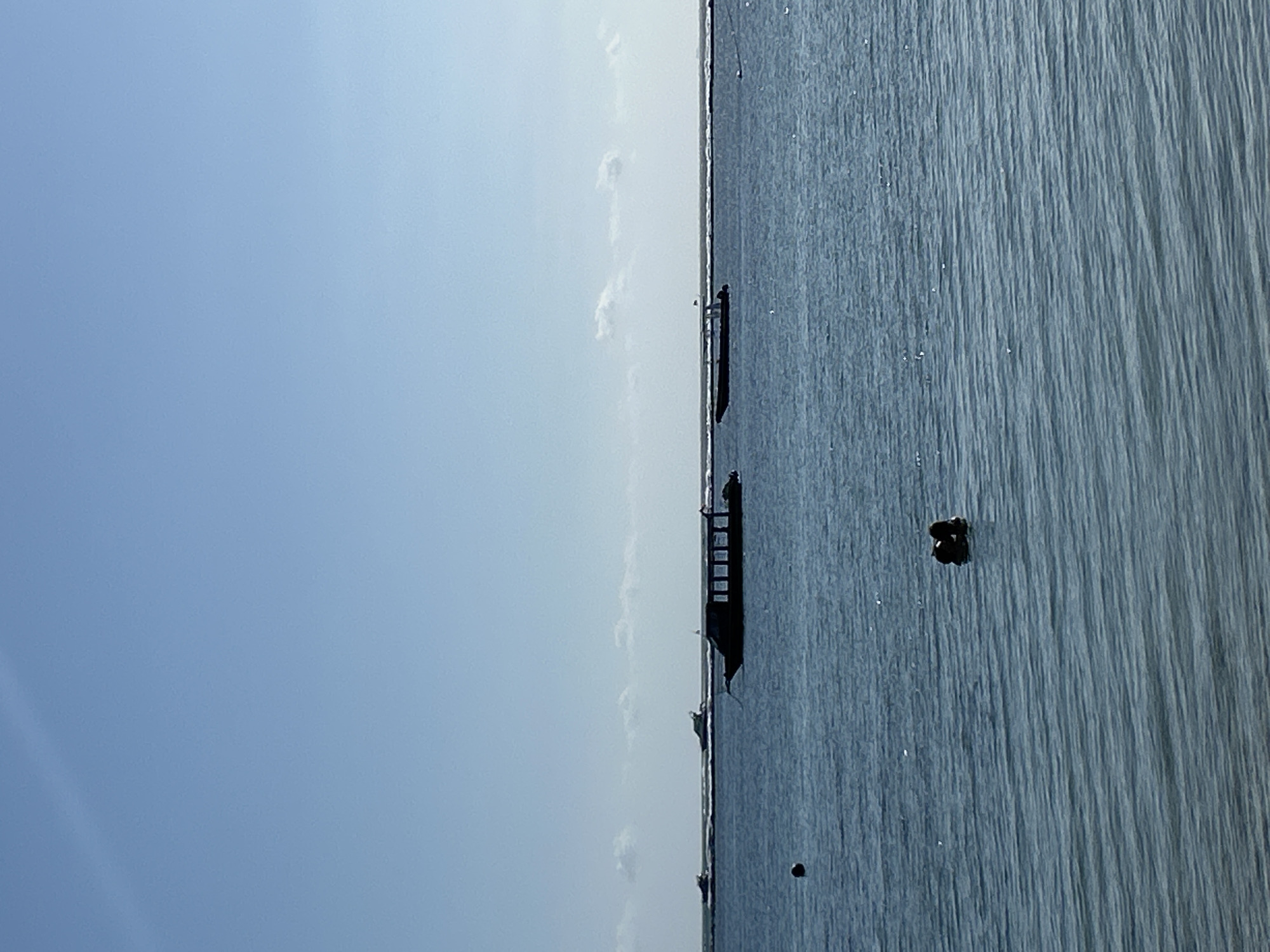 The image depicts a serene seascape with a clear blue sky and calm ocean waters. Several boats are visible in the distance, some appearing to be larger vessels, while one closer boat is a passenger boat with an enclosed cabin. In the foreground, two figures are partially submerged in the water, appearing to be swimming or floating. The scene is likely set in Nusa Penida, Indonesia, a location known for its beautiful beaches and marine activities. The overall atmosphere is peaceful and tranquil.