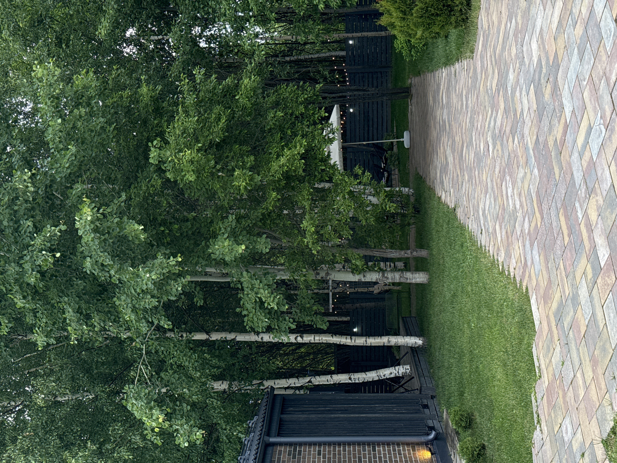 This image depicts a meticulously maintained outdoor leisure area in Perm, Russia. A multi-colored paved pathway, constructed from rectangular pavers arranged in a herringbone pattern with hues of grey, brown, red, and muted yellow, originates in the foreground and recedes centrally into the mid-ground. Lush green grass borders both sides of this pathway.
To the left, a modern building features a lower section of light brown brickwork and an upper section clad in dark, vertical paneling, possibly metal or wood. A dark downspout extends vertically on its side. A small, warm-toned wall lamp illuminates the brickwork. A dark-tiled roof is partially visible. Adjacent to the building, a wooden deck extends, upon which at least two dark, X-framed outdoor chairs are positioned among several birch trees with characteristic white bark and black markings.
To the right of the pathway, in the mid-ground, a large white patio umbrella stands open, providing shade. Dark outdoor furniture is indistinctly visible beneath or near it. The entire background is densely wooded with deciduous trees featuring vibrant green foliage. A dark horizontal slatted fence runs along the rear boundary of the property, partially obscured by trees. A string of small, warm-toned lights is draped along the top of this fence, and several small upright garden lights are spaced along it. A dark bench or swing is faintly visible behind a birch tree against the fence on the left side of the mid-ground. Various green shrubs and bushes are dispersed throughout the landscaped area. No individuals are present. The scene is illuminated by diffused daylight, suggesting an overcast condition or a time of day with indirect sunlight.
