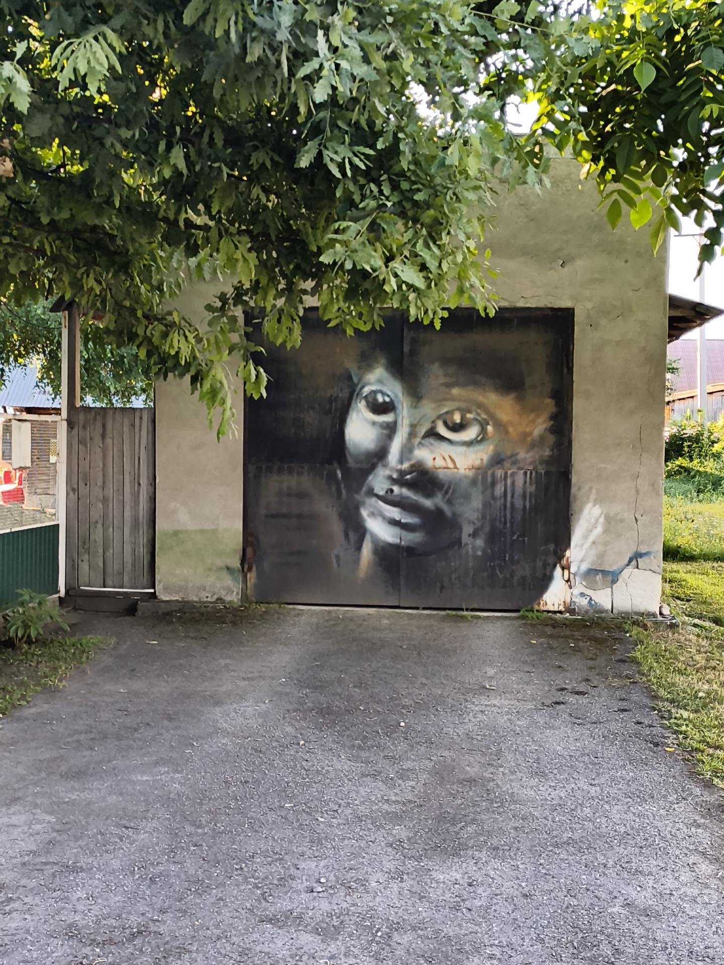 In the village of Mayma, Russia, a street-level, medium shot captures a weathered, light-colored concrete building with a large, dark garage door. The garage door is adorned with a mural depicting a fragmented portrait of a human face, rendered in shades of black, white, and sepia. The face's eyes are particularly prominent, one open and wide, the other partially closed, with a contemplative expression. The mural extends downwards, transitioning into abstract, dark vertical streaks, suggesting a sense of depth or decay. To the left of the garage door, a tall, weathered wooden gate stands, its planks showing signs of age. A few green plants grow at the base of the gate and the building. Overhanging the scene from the top of the frame is a canopy of lush, green leaves from a tree, dappled with sunlight. The ground in front of the building is a gravel driveway, showing signs of wear. To the right of the garage, a patch of green grass and some foliage is visible. The overall impression is one of rural decay juxtaposed with artistic expression.