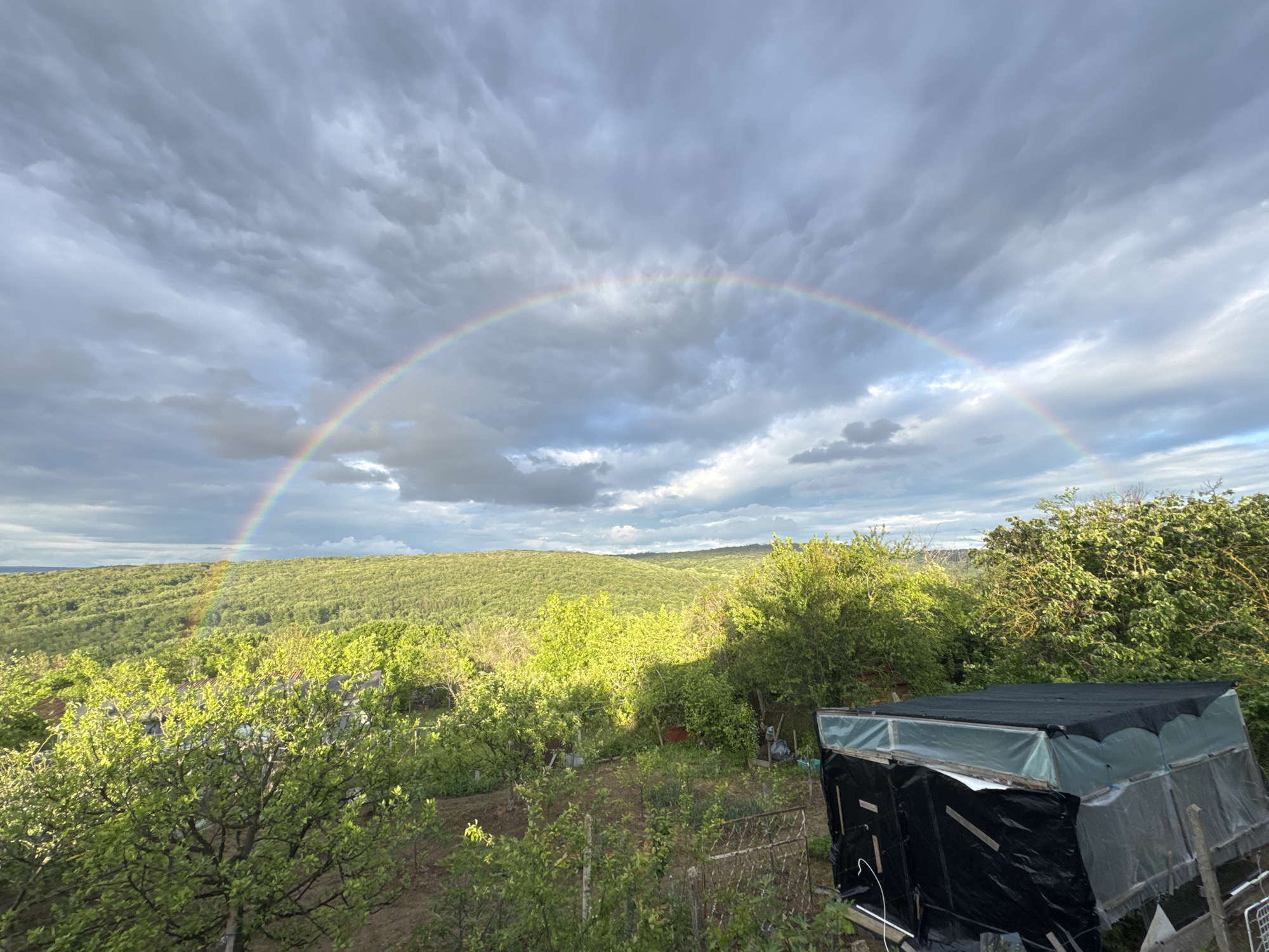 The image shows a landscape under a cloudy sky with a full rainbow arc. The horizon is a line of green hills covered with trees. In the foreground are more trees and vegetation, with a small, roughly-built structure covered in black plastic and translucent sheeting in the lower right. The scene appears to be rural or semi-rural, possibly a garden or an area on the edge of a town. The location, Konstantinovo, Bulgaria, suggests this is the environment.