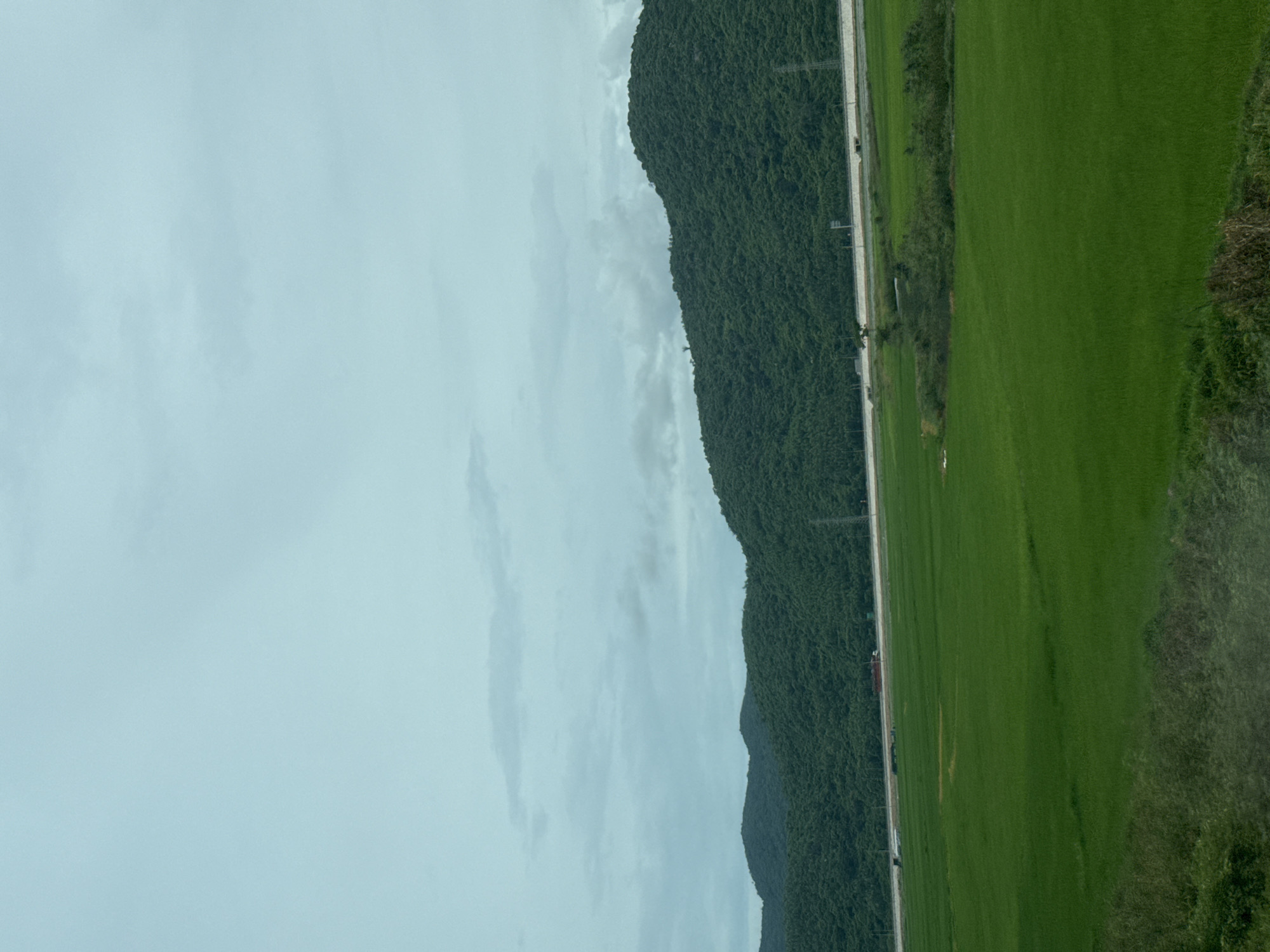 The image depicts a wide view of a lush green rice field in Hoa Xuan, Vietnam, with a dense, tree-covered mountain range in the background. The sky is overcast with light gray clouds. A highway is visible running horizontally along the base of the mountains, with a few utility poles and what appear to be vehicles on it. The foreground shows a grassy verge and the edge of another field. The scene is tranquil and natural.