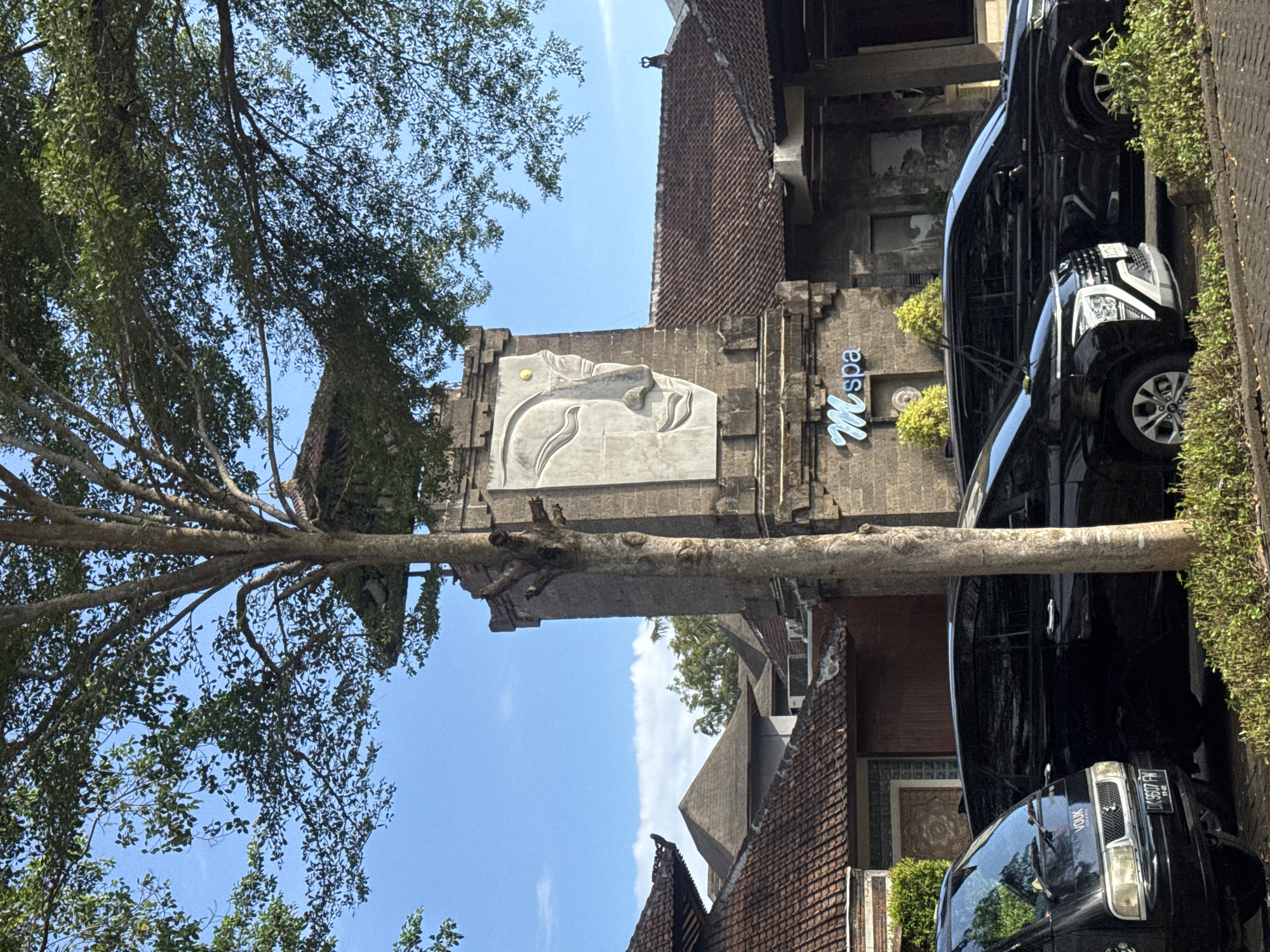 This photograph shows an exterior view of a building with architectural features that appear to be influenced by Balinese style. A prominent part of the building is a concrete facade adorned with a sculpted face in a relief style, along with the word "Mspa" in stylized lettering. The building's roof is constructed with brown terracotta tiles. A mature tree with an expansive canopy is in the left part of the frame, partially obscuring the sky and the building. To the right, there are black vans parked. The vans have license plates that are consistent with Indonesian vehicles. The surrounding foliage and building materials suggest the picture was taken in Kuta Selatan, Indonesia.