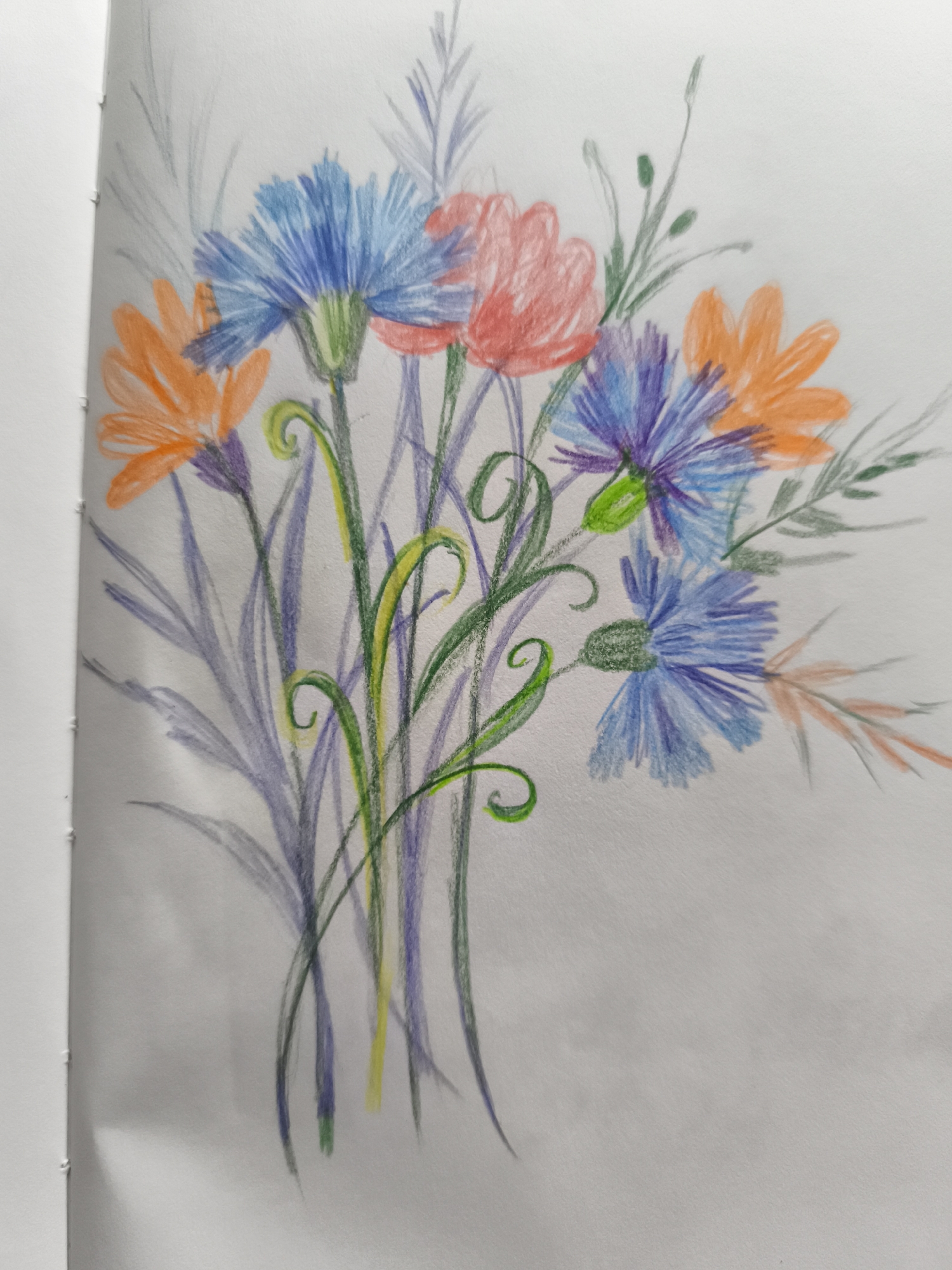 The image is a colored pencil drawing of a bouquet of flowers on a white background. The bouquet features several blue cornflowers, some orange daisy-like flowers, and a few pink, tulip-shaped flowers. The stems are depicted in green and purple, with some green tendrils adding detail. The drawing is in a sketchbook, as evidenced by the white binding on the left side of the image. There are no people, actions, or interactions visible. The drawing does not contain any elements that would allow for the identification of a specific location in Saint-Denis, France.