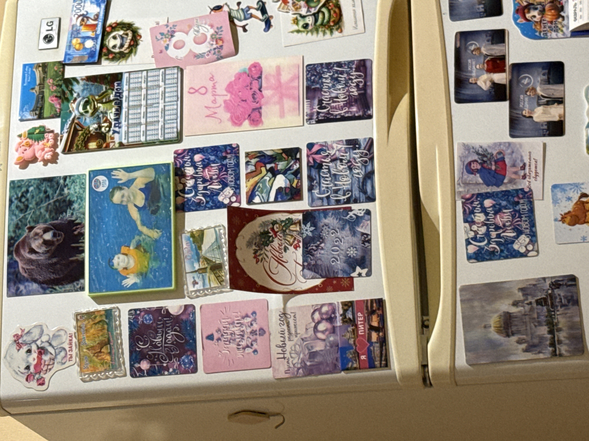 The image is a close-up, eye-level, frontal view of a refrigerator door covered in various magnets. The magnets display a mix of imagery and text, primarily in Russian. There are magnets featuring:
* A cartoon rabbit holding flowers with the text "ты зайка!" (You're a bunny!).
* A brown bear.
* A pig.
* A landscape scene with mountains and water.
* A magnet with two people swimming in a pool.
* A magnet with a holiday greeting that reads "С Новым Годом!" (Happy New Year!) with festive decorations.
* A pink magnet with a Christmas tree and text.
* A magnet with the number "8" and flowers, likely for International Women's Day (8 March).
* A magnet with a calendar for a year.
* A magnet with a decorative bell and holiday text.
* A magnet with a cartoon character holding a calendar.
* A magnet with a landscape that appears to be the St. Isaac's Cathedral in Saint Petersburg, Russia, with the text "Я ПИТЕР" (I love Petersburg).
* A magnet with a stylized design.
* Several magnets with the text "Счастья в Новом году!" (Happiness in the New Year!) and decorative elements.
* A magnet depicting a scene with people on a stage, possibly political figures, with Russian text.
* A magnet featuring a small horse figurine.
* A magnet with a cartoon character resembling a dragon or lizard.
The LG logo is visible on one of the magnets. The refrigerator itself is a standard white appliance. The overall impression is a collection of personal mementos and decorative items. There is no visual information in the image that specifically places it in Kholmsk, Russia.