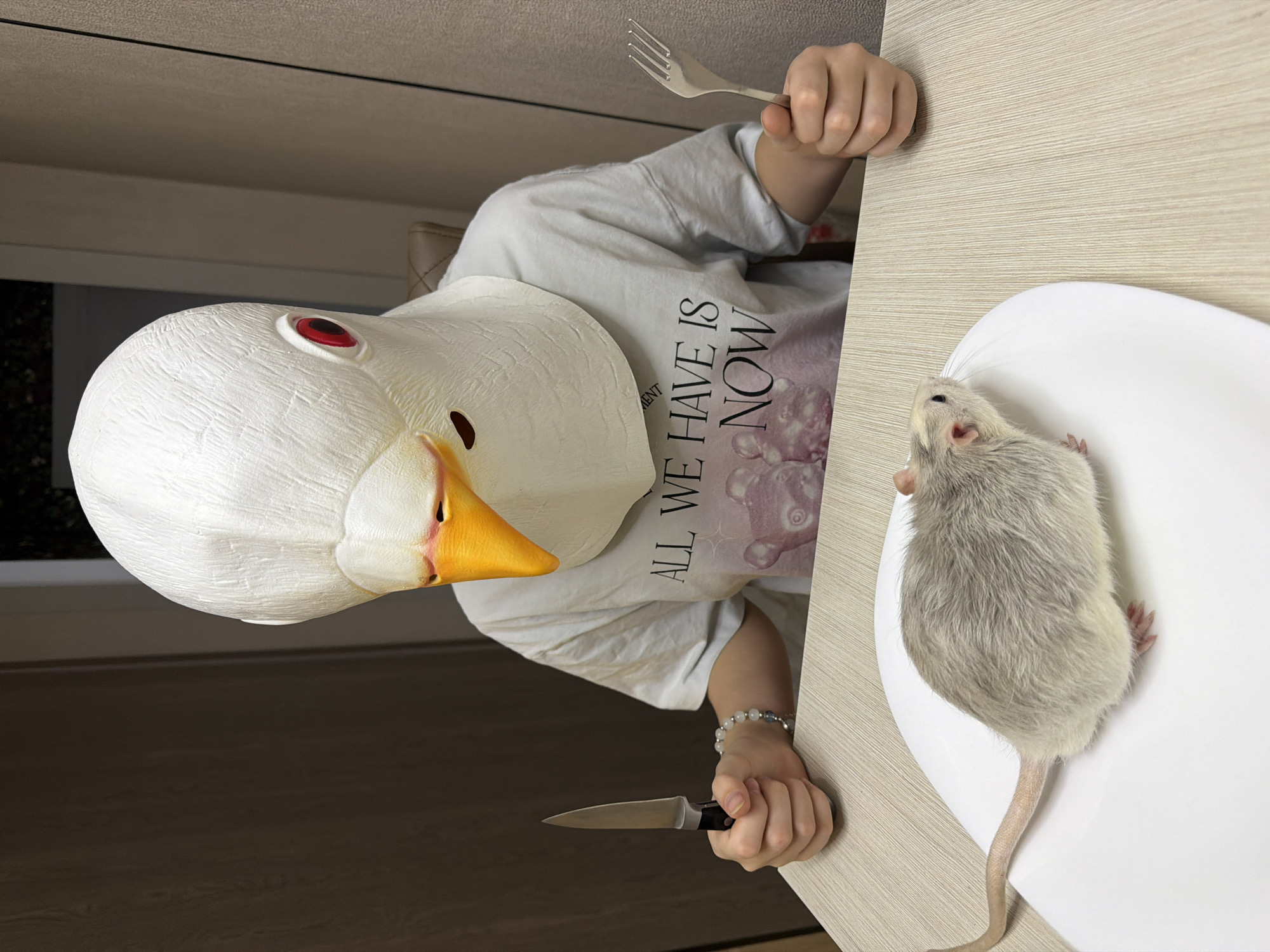 The image captures an indoor dining setting in Dubovaya, Russia, at a light wood-grain table. A person, concealed by a white goose-like mask featuring red eyes and a yellow-orange beak, is seated, wearing a light grey t-shirt with the partial inscription 'ALL WE HAVE IS NOW.' The individual holds a small kitchen knife with a black handle in the left hand and a silver dining fork in the right. A light-colored beaded bracelet is visible on the left wrist. Resting centrally on a white oval plate in front of the person is a live, light grey domestic rat with pink ears and a long tail, oriented to the left of the frame. The background consists of a dark brown panel on the left and a lighter textured wall surface on the right, with a portion of a light brown upholstered chair back visible behind the masked individual.