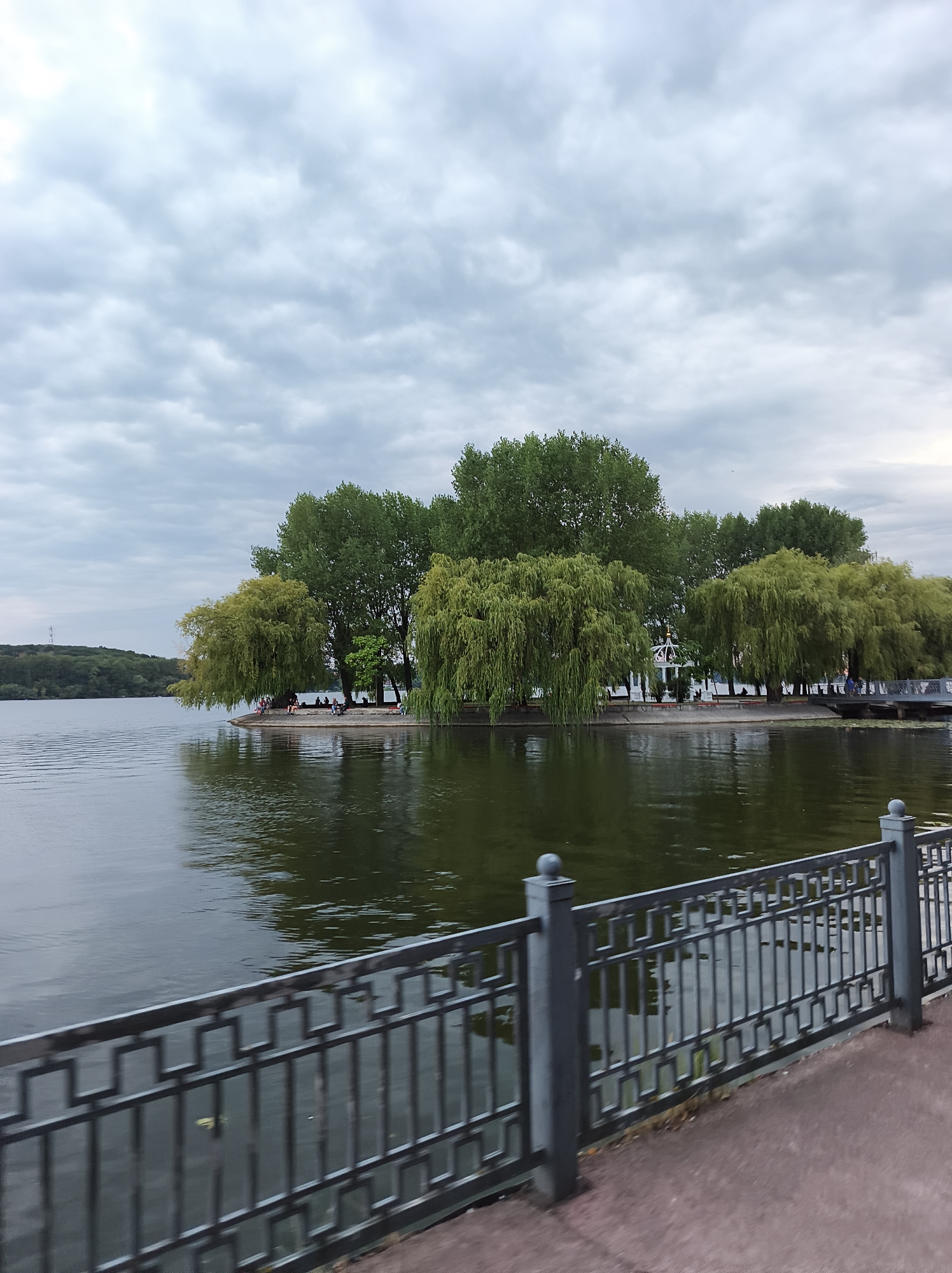 The image depicts Ternopil Pond in Ternopil, Ukraine, on a cloudy day. A small island covered with trees, including weeping willows and other deciduous trees, is situated in the center of the pond. Several individuals are seated on the bank of the island, appearing to be relaxing or conversing. A metal fence runs along the foreground of the image, separating the pond from a walkway or path. The water reflects the sky and the surrounding greenery, creating a serene atmosphere. In the background, a treeline can be seen on the far bank of the pond, with a subtle mast or tower visible above the trees.
