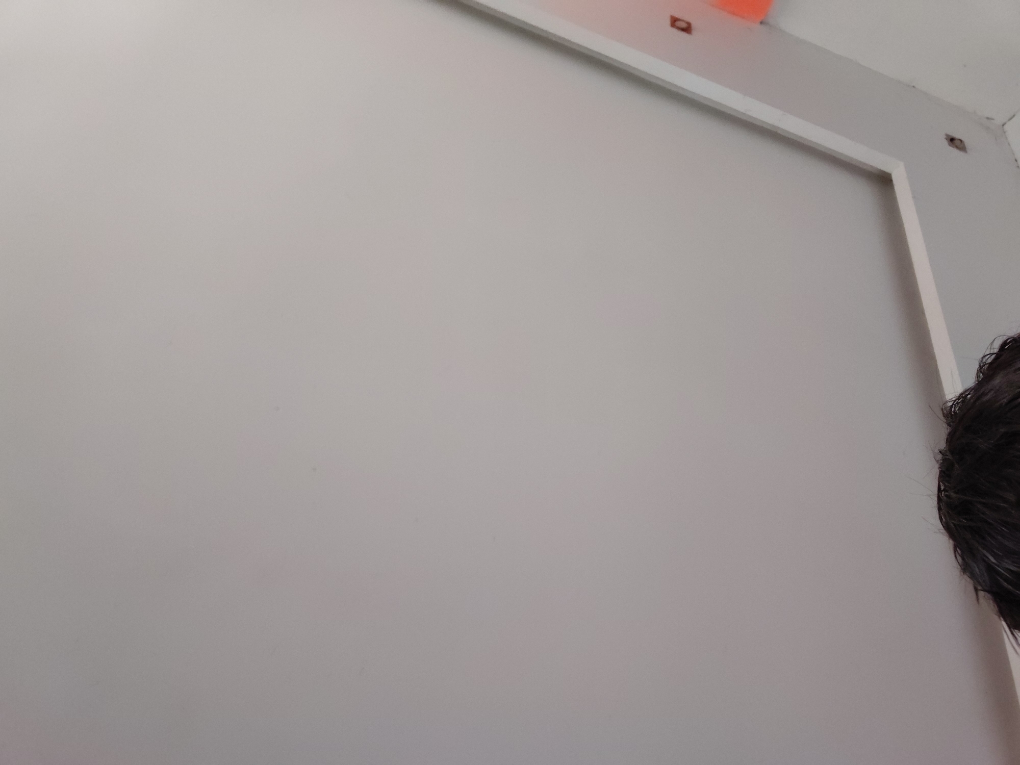 This media file captures an indoor scene, primarily featuring a large, plain light-grey or off-white wall or panel that dominates the left and central parts of the frame. Along the top and right edges of this dominant surface, a clean white frame or trim is visible, suggesting it might be part of a doorway, window, or a decorative wall panel.
Above this white trim, towards the upper right corner, a portion of a ceiling is seen. On the ceiling, there's an orange-colored rectangular object, possibly a light fixture cover or part of a ventilation system, with a small, dark, square-shaped opening visible on its surface. Further to the top right, near the corner where the wall meets the ceiling, there are two small, dark, roughly circular holes or openings, and some faint smudges or dirt on the ceiling surface.
A small section of a person's head with dark, seemingly wet or styled hair is visible along the extreme right edge of the image, from the middle to the bottom. No specific activity is discernable other than the presence of the person near the wall. The time of day and weather cannot be determined from the indoor setting. There is no visible text in the image. The location context provided is Santa Ana, Venezuela.