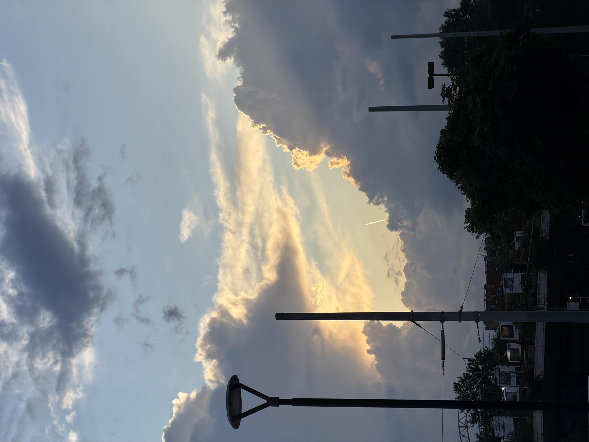 The image, taken in Sofia, Bulgaria, displays a dramatic sky at what appears to be sunset or late afternoon. Dark, heavy clouds dominate the upper and central portions, suggesting stormy or changing weather. However, a brilliant, golden light from the sun pierces through a gap in the clouds, illuminating their edges with warm hues and creating a stark contrast with the darker areas. A white airplane contrail is visible streaking across the brightly lit section of the sky.
In the foreground, several tall, dark silhouettes of urban infrastructure are visible against the sky. To the left, a modern streetlamp with a circular, upward-facing light fixture stands prominently. Towards the center-right, other tall poles are present, one featuring a smaller, double-headed lamp. Further to the right, a mass of dark, dense tree foliage rises, obscuring much of the background. Behind the trees, the faint silhouettes of buildings, likely apartment blocks, can be discerned. The bottom edge of the image also reveals hints of additional urban structures, possibly including overhead wires or railings.
The scene captures a powerful moment of natural light and cloud dynamics over an urban landscape. No people or visible text are present in the image.