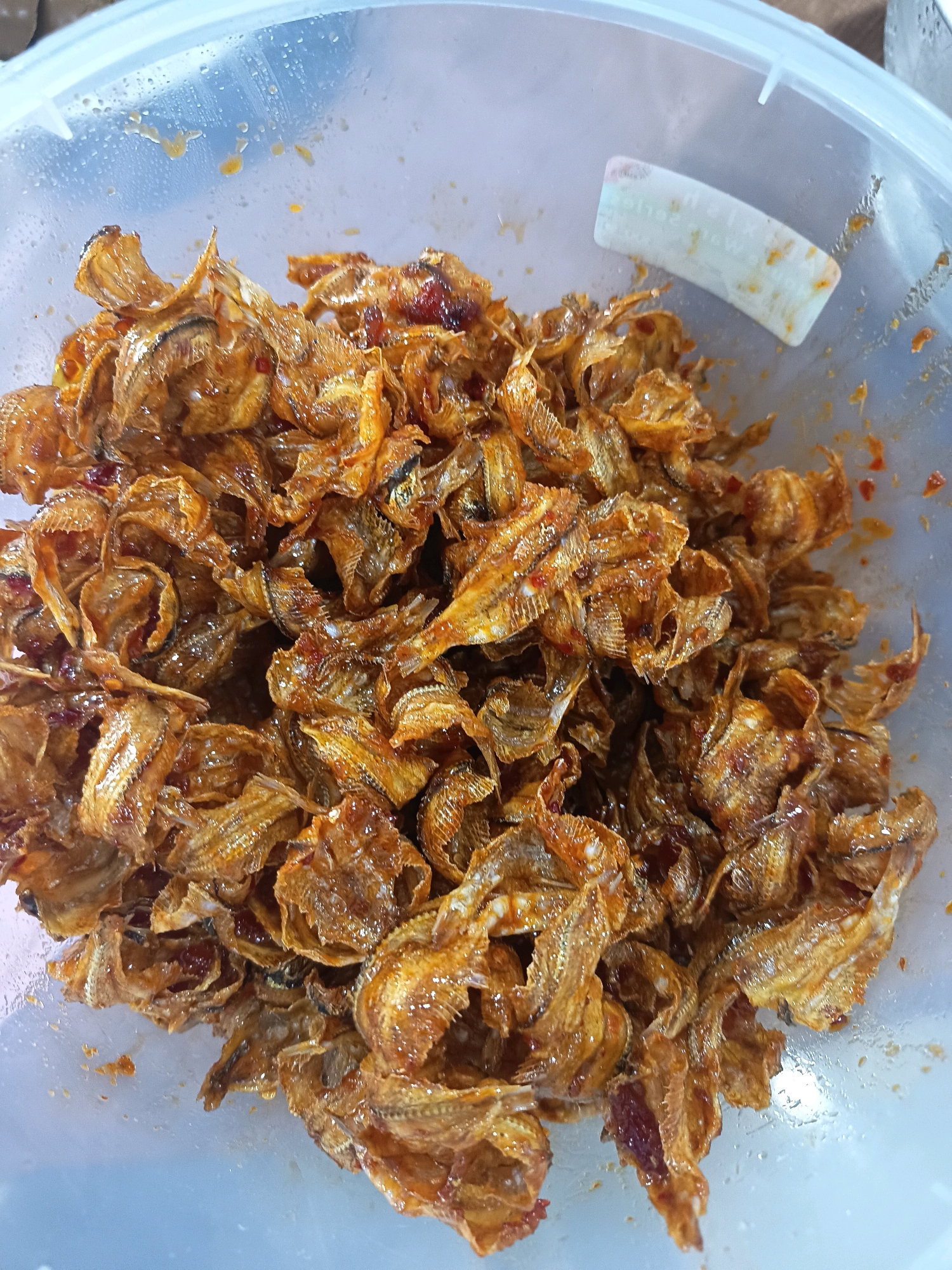 A close-up, top-down shot shows a clear plastic container filled with a heap of small, fried anchovies coated in a shiny, reddish-brown sauce. The anchovies are crispy and irregular in shape, with visible heads and tails. Small flecks of red chili are interspersed among the fish. The container itself appears to be a food storage container with a slightly frosted texture and water droplets clinging to the interior walls, suggesting it might be refrigerated or recently washed. A white, rectangular sticker with some illegible text and smudged red markings is adhered to the inside wall of the container towards the top right. The lighting is bright, creating highlights on the glossy sauce. This image was taken indoors, likely in a kitchen or food preparation area, with the context suggesting it could be in Bogor, Indonesia, a city known for its diverse culinary scene. No people are visible in the frame.
