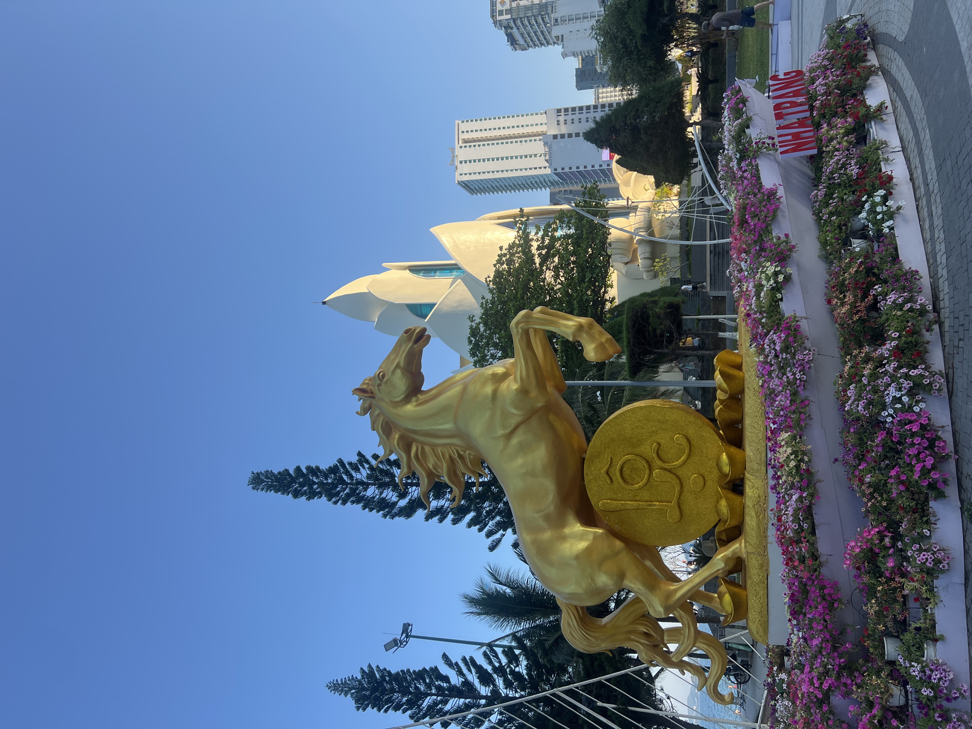 This image captures a vibrant public display in Nha Trang, Vietnam, set against a clear blue sky. The central subject is a large, golden statue of a horse rearing on its hind legs, its front hooves resting on a prominent golden disc inscribed with the Vietnamese character "LỘC" (prosperity/luck). Several smaller golden boat-shaped ingots are arranged at the base of the horse, below its front hooves.
The statue is situated atop a multi-tiered planter, shaped somewhat like a boat, overflowing with a dense arrangement of pink, purple, and white petunia-like flowers. A red sign with white capitalized letters spelling "NHA TRANG" is affixed to the visible side of this floral display.
In the background, the distinctive white, multi-petaled lotus-shaped structure of the Tram Huong Tower is prominently visible, featuring blue-tinted glass sections. To the tower's right, multiple modern high-rise buildings rise into the sky, with "NOVOTEL" visible on the facade of one tall white building. On the left, tall, slender evergreen trees and palm trees frame the scene. A glimpse of the ocean is visible in the far-left background, with a concrete promenade and what appears to be a bicycle. A few individuals are present in the mid-ground and background, walking casually; one male in a dark shirt and shorts is visible walking to the right of the flower bed. The lighting suggests a bright, sunny day, possibly late afternoon.