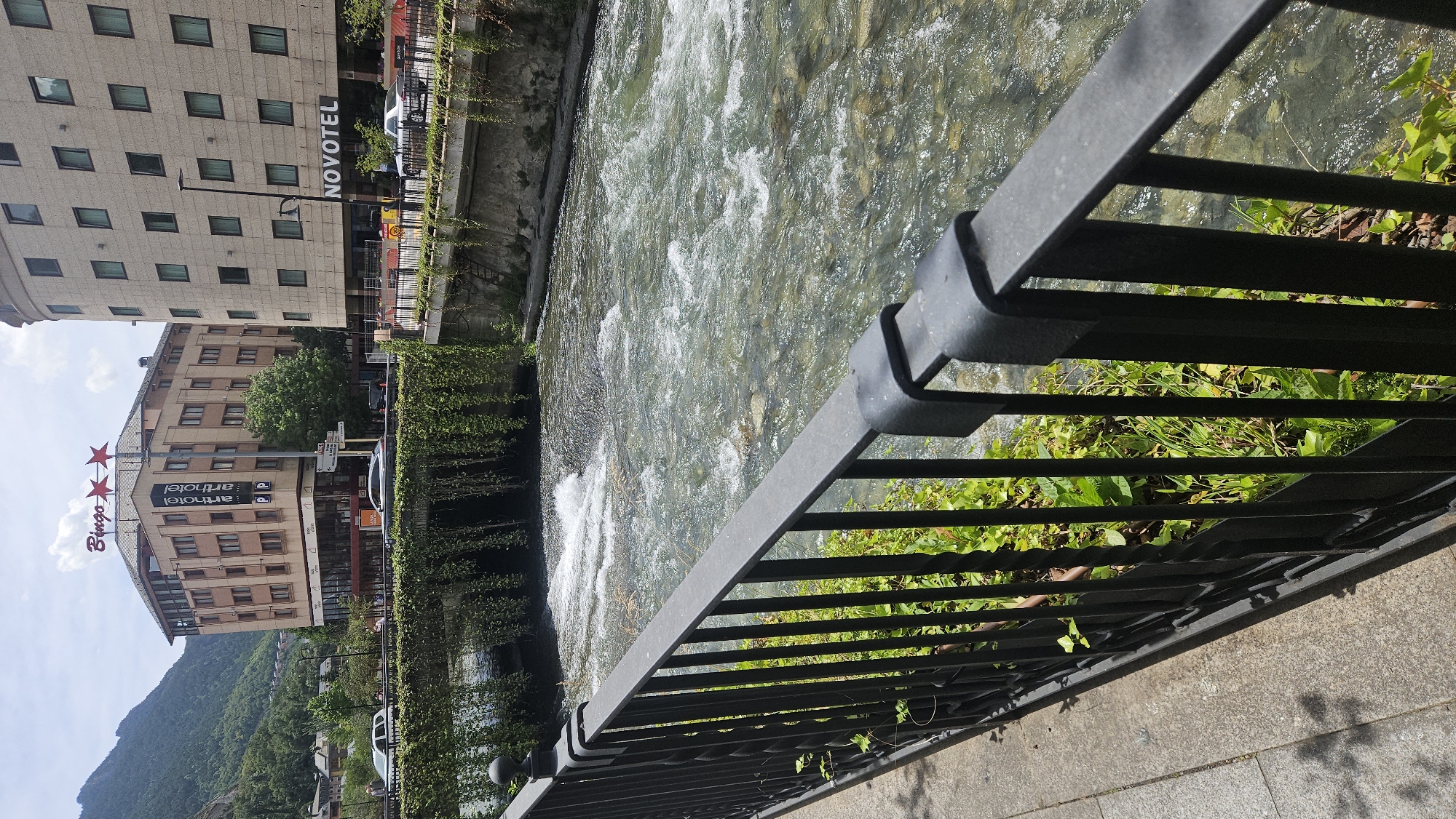 This image depicts a daytime view of the Gran Valira river in Andorra la Vella, Andorra, captured from a pedestrian viewpoint. In the immediate foreground, a black wrought-iron railing with ornate elements extends diagonally from the lower left to the middle right, separating a light grey paved walkway from the river. Green vegetation, including small plants and taller grasses, grows beneath and behind the railing.
The midground is dominated by the Gran Valira river, flowing from left to right. The water is clear, revealing a rocky riverbed, and exhibits numerous ripples and white aerated sections, indicating rapid movement. On the opposite bank, a concrete or stone wall supports a bridge structure from which dense green climbing foliage cascades downwards, partially obscuring the understructure.
In the background, two prominent multi-story buildings flank the scene beyond the river and bridge. To the left, a light brown commercial building, likely a hotel, features numerous rectangular windows and a ground-level retail or entrance area. Its rooftop prominently displays the word "Bingo" in purple letters, accompanied by two red stars. Vertically aligned signs on its facade repeatedly show "arthotel" and "P P" (parking). A street runs in front of this building, with a white sedan and a dark sedan visible. In the far left background, a steep mountain covered in dense green trees rises under a bright sky.
To the right, a large, light grey building with a curved architectural element presents numerous square windows. The word "NOVOTEL" in large black letters is visible on its lower facade. A street lamp stands in front of this building, and a white passenger vehicle is visible on the adjacent road. The sky above is a light blue with scattered white clouds. No discernible human figures are prominent in the foreground or midground.