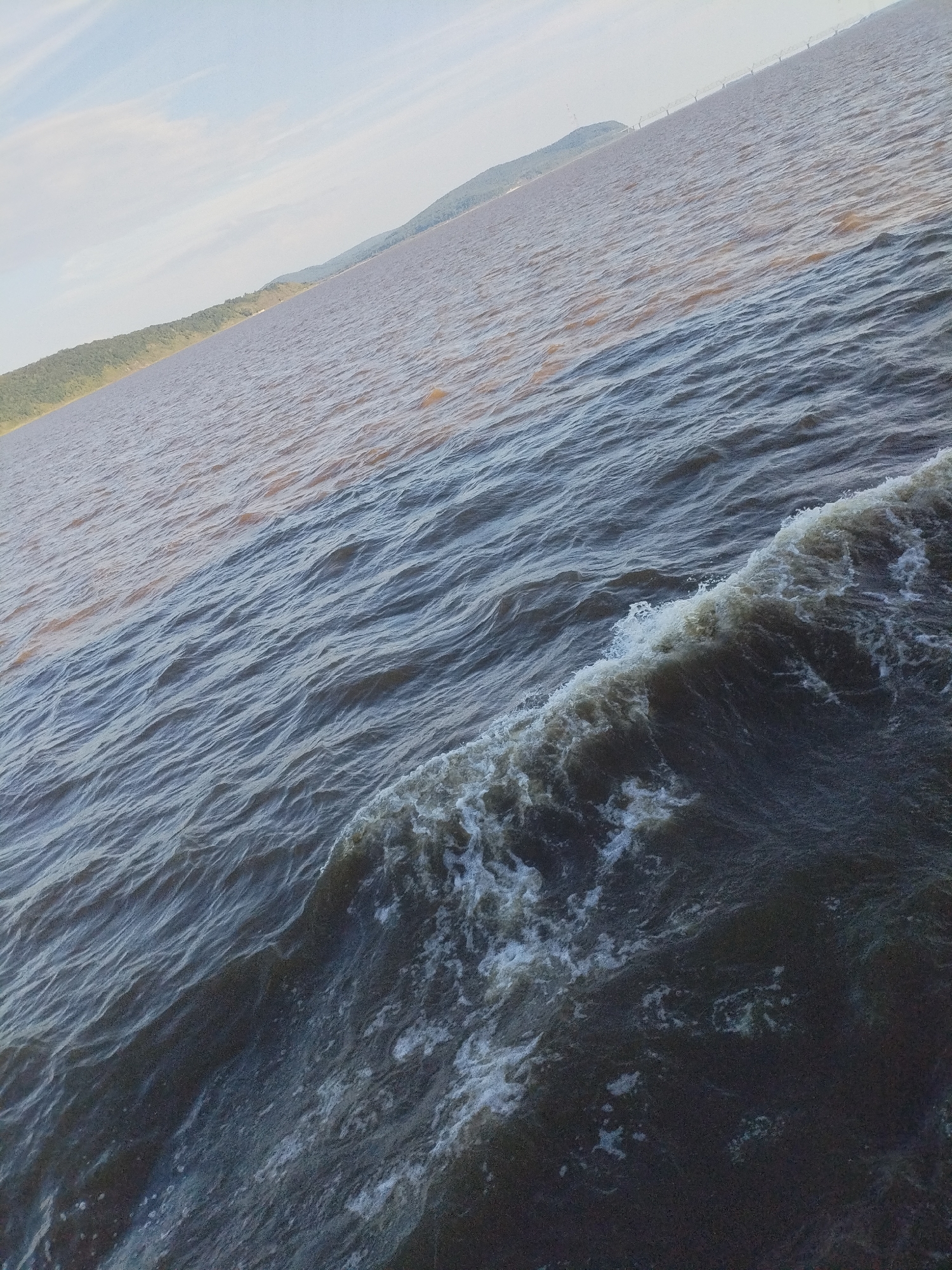 This image captures a dynamic water scene, likely a river or large body of water, divided by a distinct line where two currents with different colors meet. On the left, the water appears a lighter, muddy brown, with a gentle slope of a tree-covered hillside meeting the water's edge. In the distance, a hazy, mountainous landscape is visible, with a faint structure resembling a bridge or power lines stretching across the horizon. The right side of the image shows darker, bluer water, characterized by choppy waves and foam, indicating a more turbulent flow. The perspective is from a high vantage point, looking down at an angle. The sky above is a pale blue with light streaks of clouds. There are no people or man-made structures immediately apparent in the foreground or midground, aside from the distant horizon element. The image's overall mood is natural and expansive.