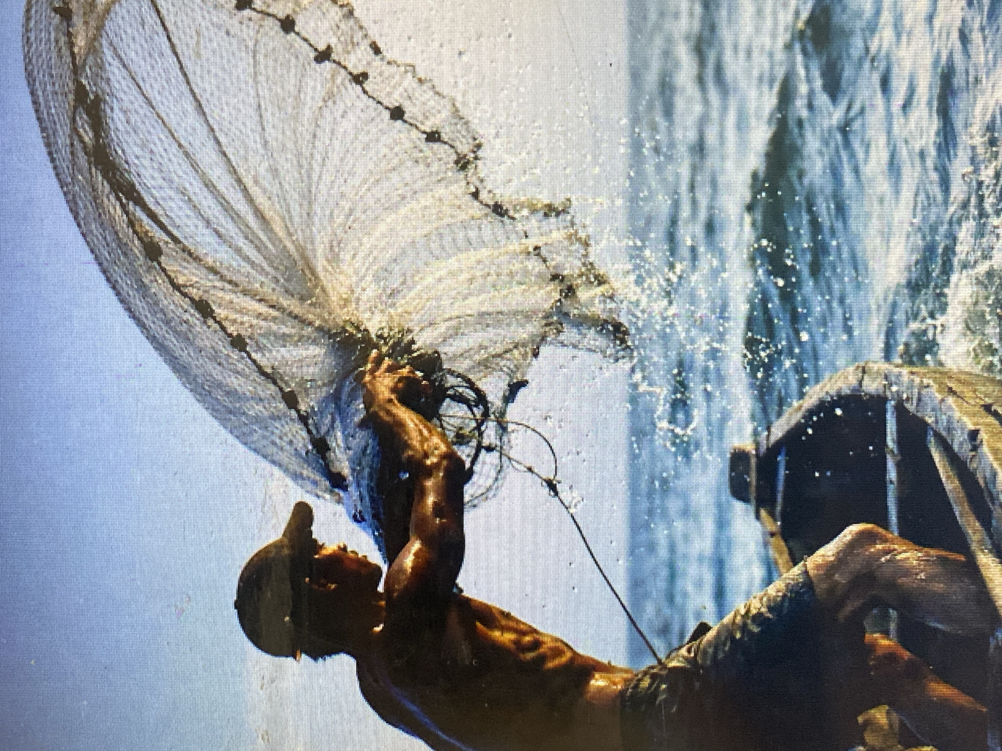 In North Jakarta, Indonesia, a young male fisher, wearing a baseball cap and shorts, stands in a traditional wooden boat, casting a net into the ocean. The net, shimmering with water droplets, is spread open in a wide arc. The sun highlights the fisher's muscular physique and the dynamic splash of water surrounding the boat. The sea is choppy, with waves breaking around the vessel. The sky above is a clear, pale blue. The scene captures a moment of skilled labor and connection with the marine environment, indicative of traditional fishing practices in coastal Indonesian communities.