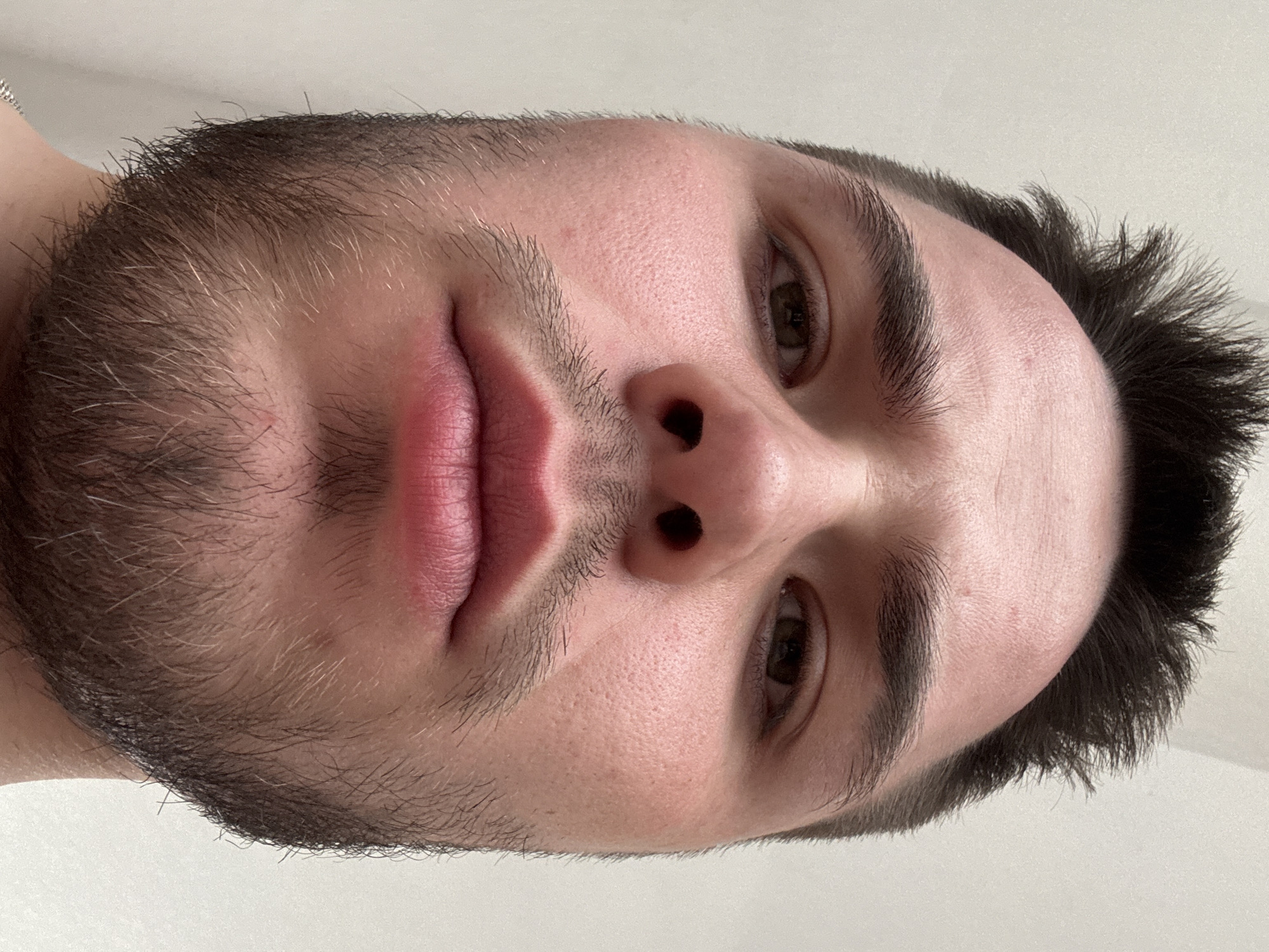 A close-up, upward-facing portrait shows a man with brown hair and a beard. His lips are slightly parted. The background is a plain white surface. The location is not identifiable as Бородулино, Russia, based on the given image.