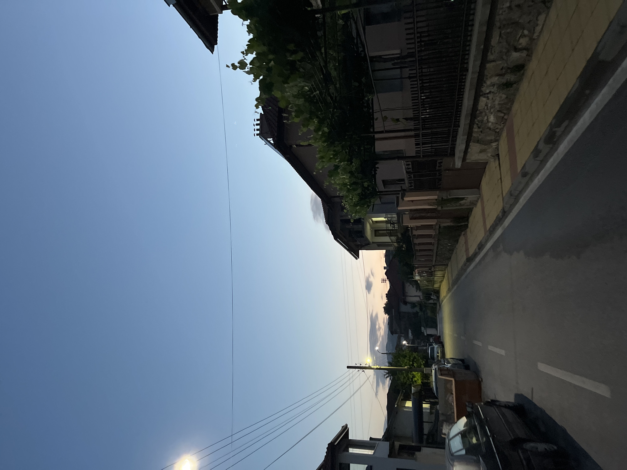 The image captures a residential street in Zlatograd, Bulgaria, during dusk or early evening. The sky transitions from a clear, deep blue overhead to a lighter, more orange-pink hue near the horizon, with sparse, faint clouds visible.
The scene is dominated by a dark asphalt road with a broken white centerline and a continuous white line delineating its right edge. Multiple streetlights are illuminated, casting cones of yellow-orange light onto the road and adjacent areas.
On the left side of the road in the foreground, a dark-colored sedan is parked, with its side visible. Further down the left side, a light-colored, multi-story residential building with visible balconies is present. An orange skip/dumpster is positioned next to parked vehicles further along this side. Utility poles and a network of overhead wires run along the left side of the street, extending into the distance.
On the right side of the road, a yellow-tiled sidewalk is bordered by a low stone wall topped with a dark metal fence. Behind this fence, a multi-story residential building with a reddish-brown tiled roof is prominent. The roof features solar panels and multiple chimneys. Several green-leafed trees, appearing to be trellised, are planted along the sidewalk in front of this building.
The street curves gently and extends into the background, where additional residential structures are visible. In the distant background, faint outlines of hills or mountains are discernible under the twilight sky. No individuals or active subjects are present within the frame.