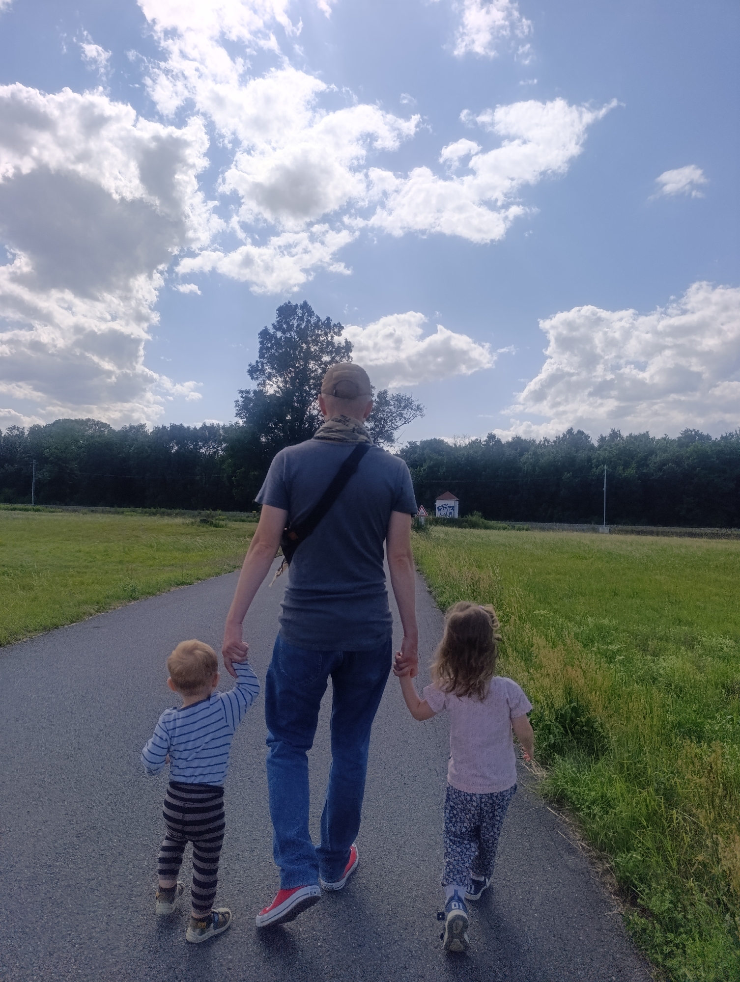 In a full shot, a Caucasian man wearing a grey t-shirt, blue jeans, red sneakers, and a cap walks away from the camera on a paved path. He holds the hands of a young Caucasian boy in a blue and white striped shirt and striped pants, and a young Caucasian girl in a pink shirt and floral pants. They are walking away from the camera on the paved path in a park-like setting. The path is surrounded by green grass. In the background, there is a line of dark green trees. The sky is blue with fluffy white clouds. There is a small white building with a red roof in the distance.