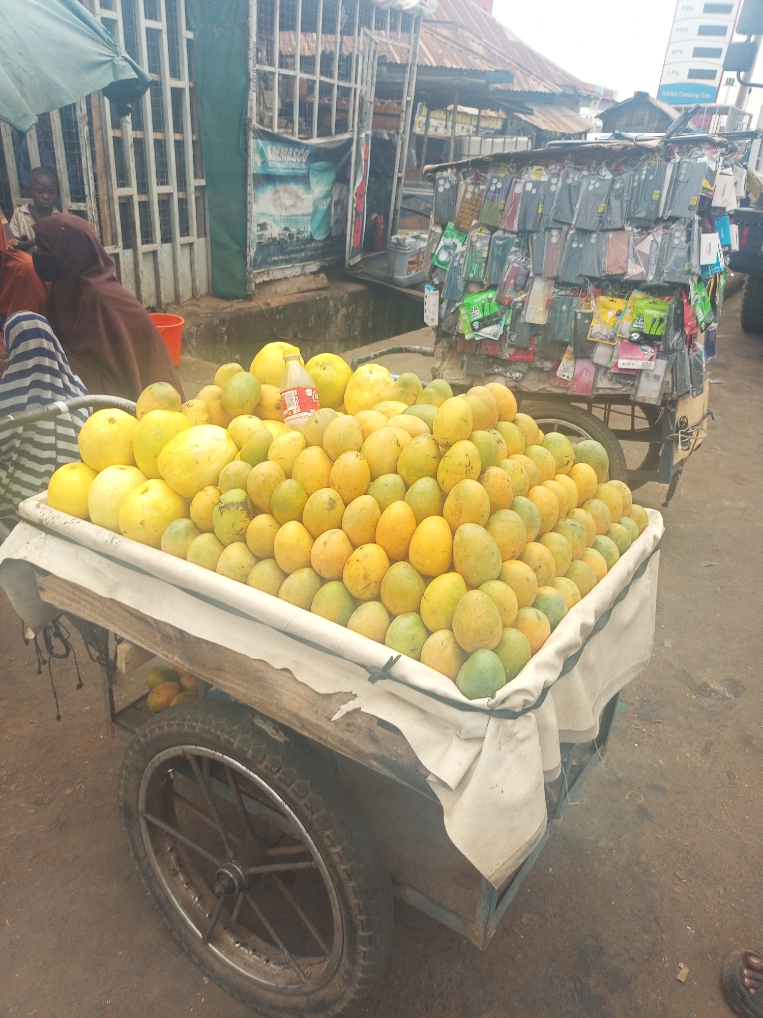 The image shows a mobile fruit vendor in Gombe, Nigeria. A wooden cart laden with mangoes, predominantly yellow and green, is covered with a white cloth. A bottle of Coca-Cola sits among the fruit. Behind the mango cart is another cart displaying phone cases and accessories. In the background, buildings with corrugated metal roofs are visible, and a gas station sign indicating "Cooking Gas" is partly visible on the right. A person wearing a brown hijab stands near a building with a partially visible advertisement. The ground appears to be paved and slightly damp.