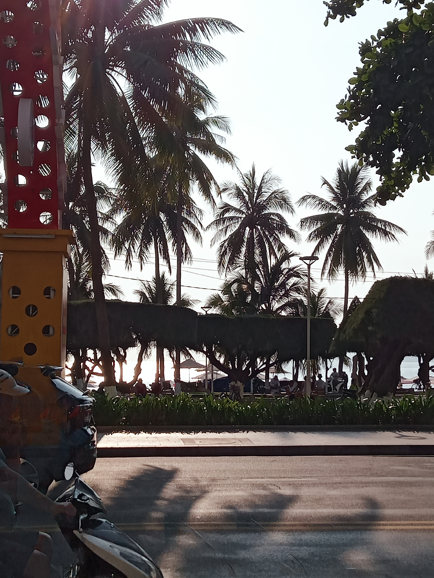 This vertical image captures a vibrant coastal scene in Nha Trang, Vietnam, likely during the late afternoon or early morning given the strong backlighting and long shadows. The foreground features a paved road or street, with a scooter and its rider partially visible on the left, casting prominent shadows. Adjacent to the road is a concrete sidewalk, bordered by a strip of lush green plants.
Beyond this, the scene opens to a leisure area shaded by numerous tall palm trees and dense green hedges. Several people are visible within this space, mostly silhouetted against the bright background, appearing to be relaxing or socializing. In the distance, faint white umbrellas suggest a beachside cafe or resort area, with what appears to be the ocean or a bright horizon beyond. A street light pole stands amidst the trees.
A distinctive architectural element, a tall red and yellow structure with circular cutouts, is prominent on the left side of the frame. The sky is extremely bright, almost washed out, indicating a clear and sunny day consistent with a tropical climate. The overall mood conveyed is one of relaxation and typical coastal activity. No discernible text is visible in the image.