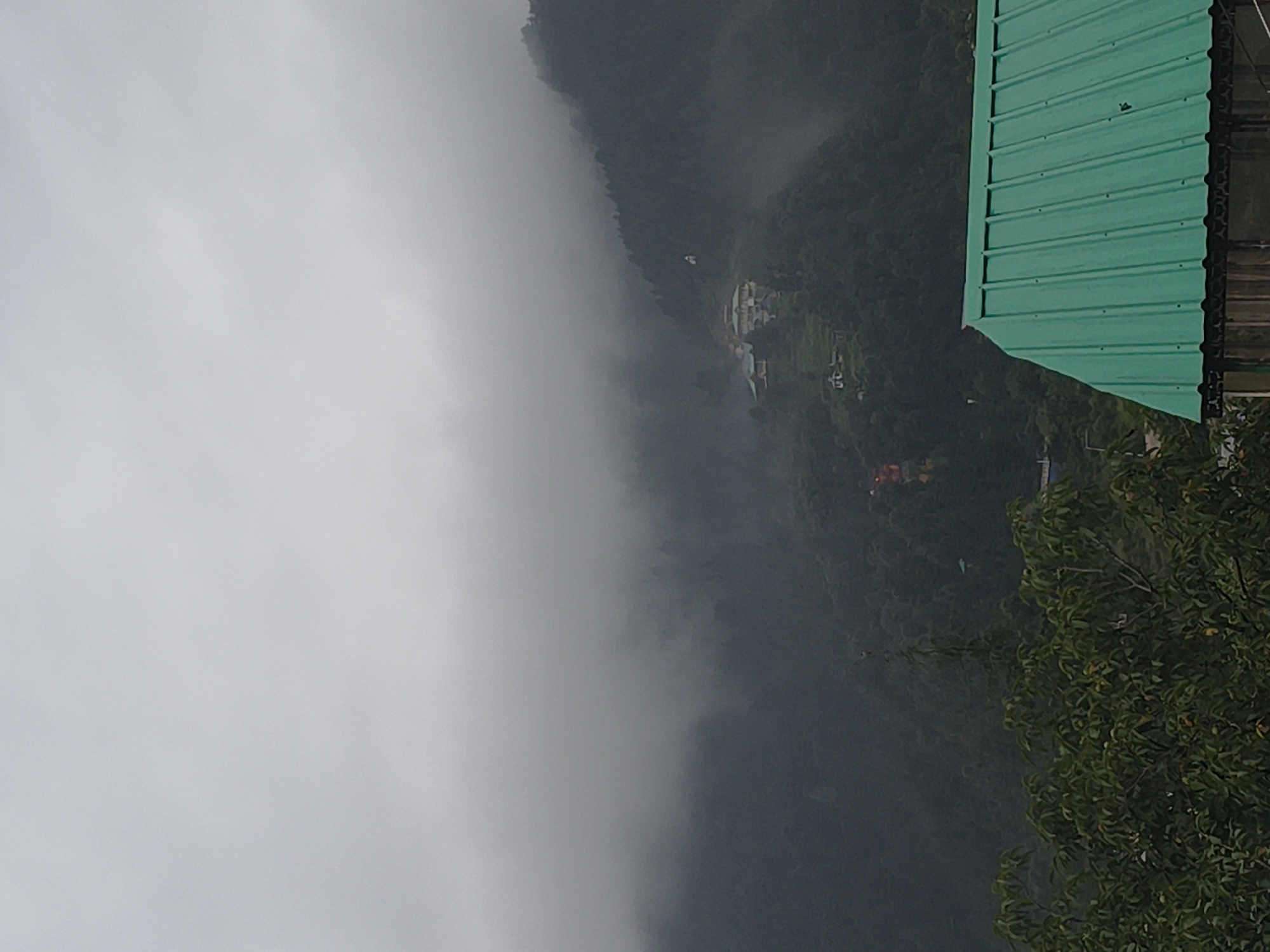 The image shows a cloudy, misty day in a hilly region. In the foreground, a green corrugated metal roof is visible, supported by a dark structure. Beyond the roof, a dense green forest covers the slopes of a mountain. Some buildings, appearing to be houses or a resort, are nestled on the mountainside, partially obscured by fog and mist. The mist creates a hazy atmosphere, reducing visibility and giving the scene a serene, almost ethereal quality. The sky is overcast with thick clouds, suggesting a damp or rainy day. The overall impression is one of a remote, mountainous landscape, possibly in the Indian Himalayas. The location is identified as Haini, India.